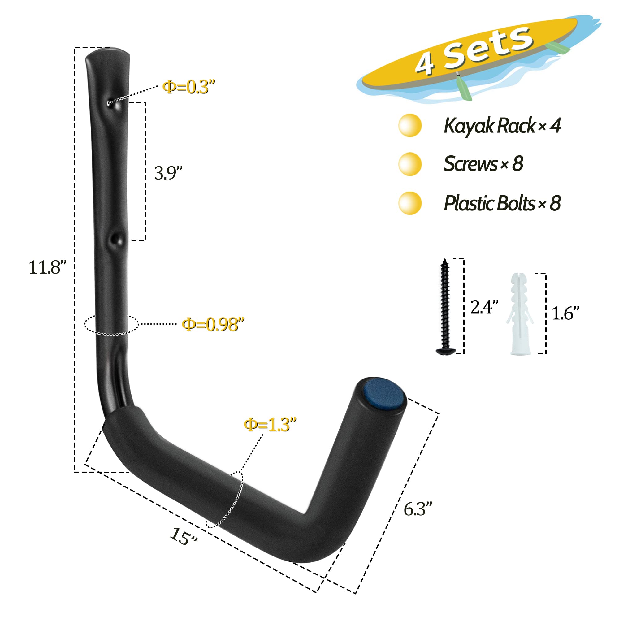 WMK Kayak Storage Racks - 4 Pack Wall Mounted Canoe & Kayak Hooks for Garage, Shed or Outdoor Organization - Heavy Duty Hangers for Surfboards, Paddle Boards, Snowboards, Ladders & Bikes - Perfect for Water Sports Equipment Storage & Garage Organization