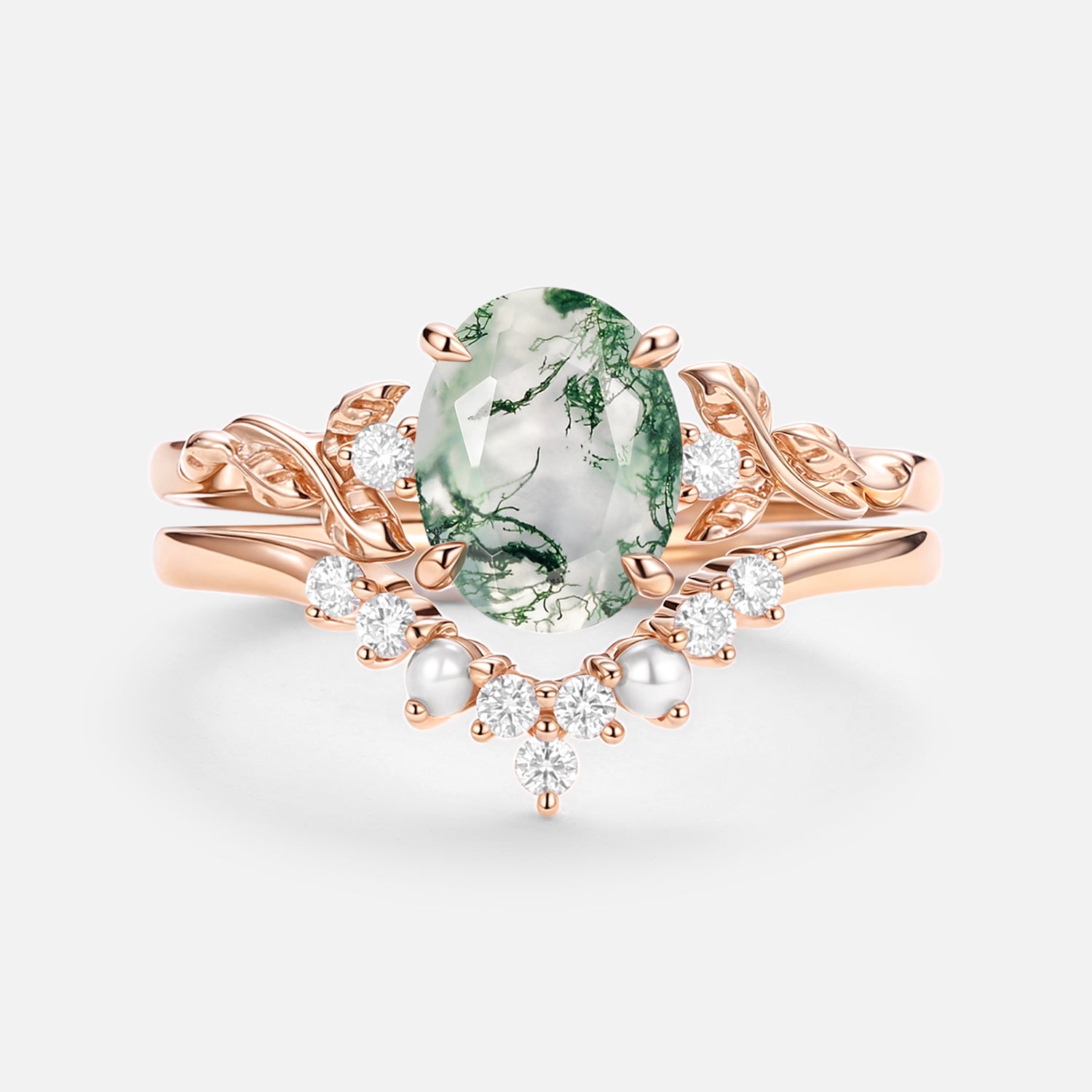 Oval Cut Moss Agate Leafy Gold Ring Set - 2 Piece Clover Design Jewelry for Women | Perfect for Weddings, Anniversaries & Boho Fashion