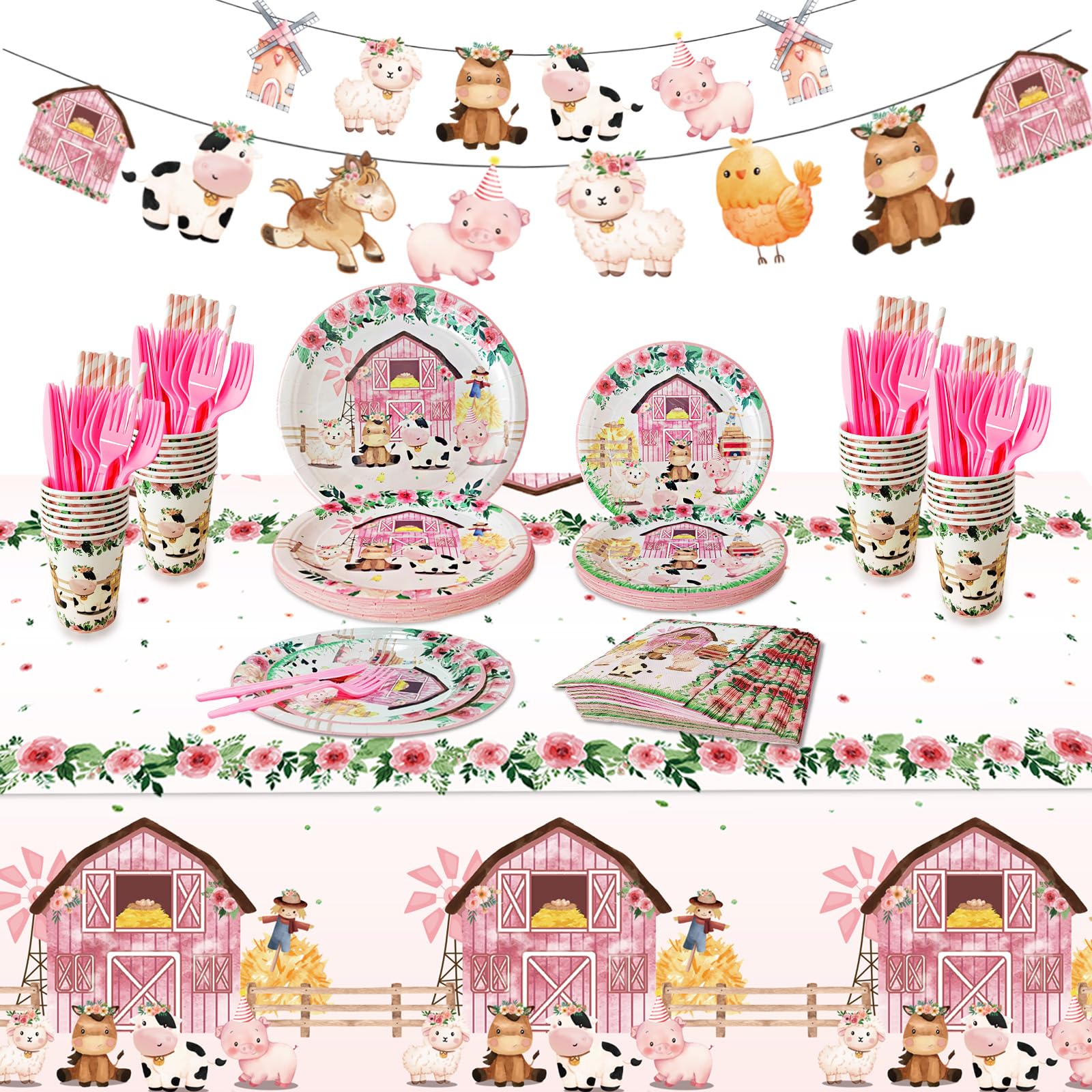 Farm Animal Party Supplies Set for 24 Guests - Pink Barnyard Themed Plates, Cups, Straws & Tablecloth for Baby Showers & Birthday Decorations | Perfect for Farmhouse, Barnyard, or Country-Themed Parties