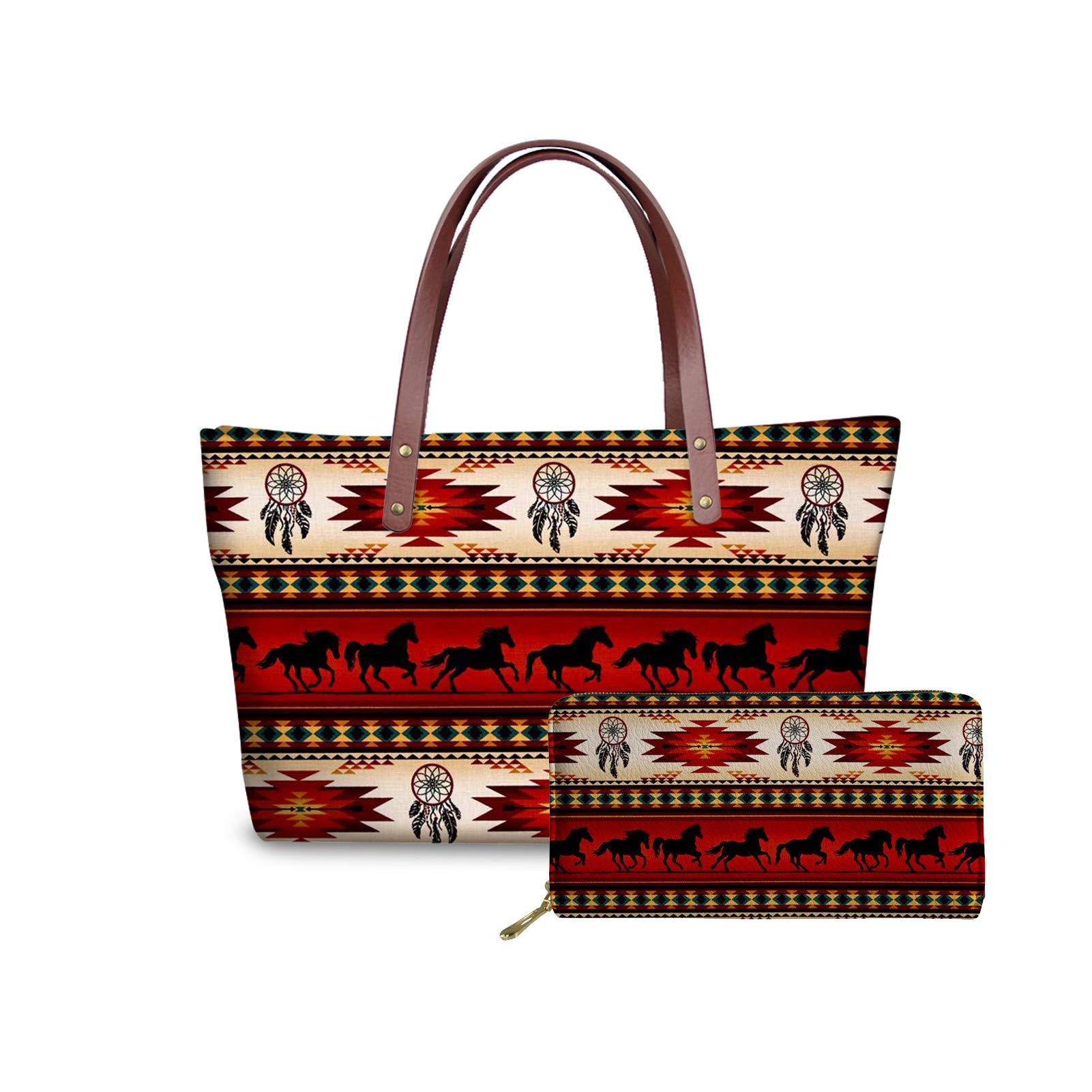 Stylish Coloranimal Tucson Horse Stripe Terracotta Tote Bag with Matching Wallet Set (2PCs) - Perfect for Work, Travel & Everyday Use