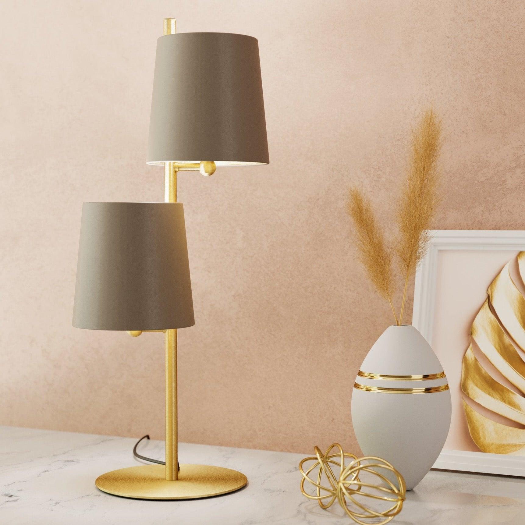 Eglo Almeida 2-Light Brass Table Lamp with Brown Fabric Shades - Perfect for Living Room, Bedroom, or Office Lighting Decor