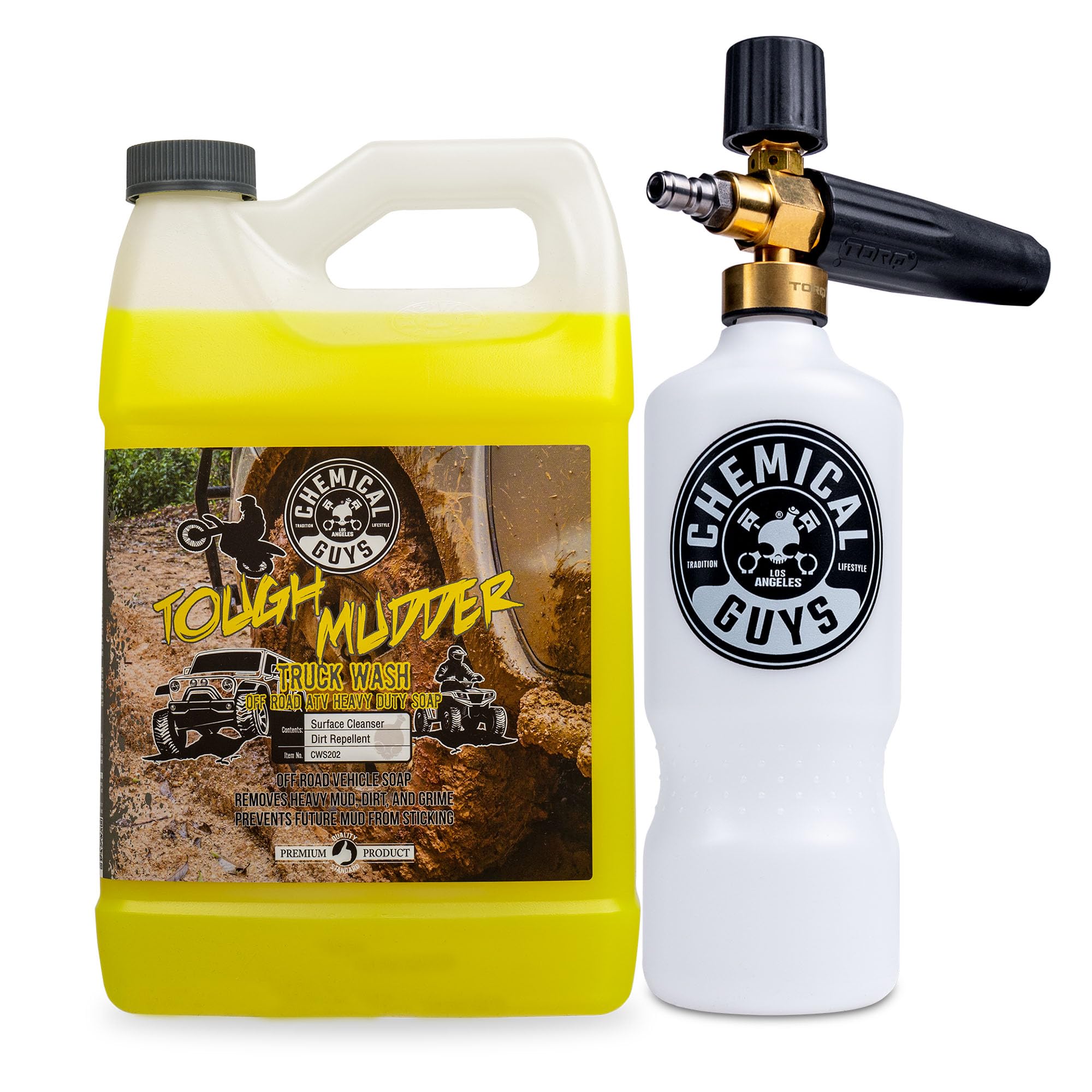 Chemical Guys EQP339 TORQ Professional Foam Cannon & Tough Mudder Truck Wash - Heavy Duty Off-Road ATV Soap (1 Gallon, 128 fl oz, Lemon Scent) - Perfect for Deep Cleaning Trucks, SUVs, ATVs & Off-Road Vehicles