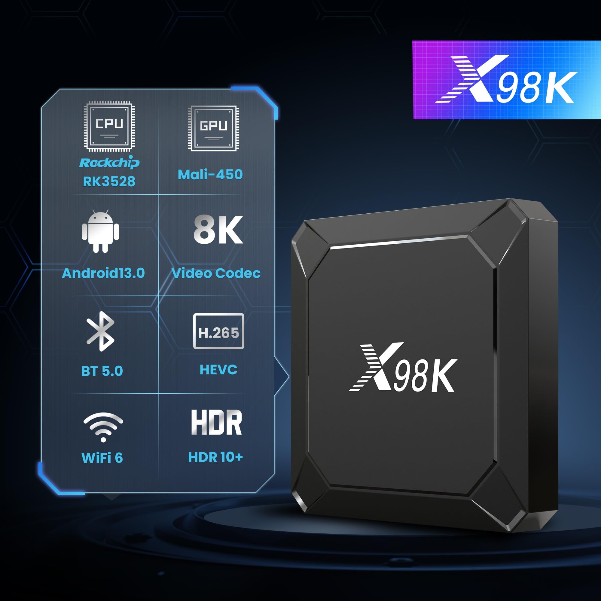 Sidiwen X98K Android 13.0 TV Box - 2GB RAM 16GB ROM, RK3528A Quad-Core Processor, Dual-Band Wi-Fi (2.4G/5G), 8K Ultra HD, Bluetooth 5.0, 100M LAN, USB 3.0, HDR10 Support - Perfect for Streaming, Gaming & Home Entertainment