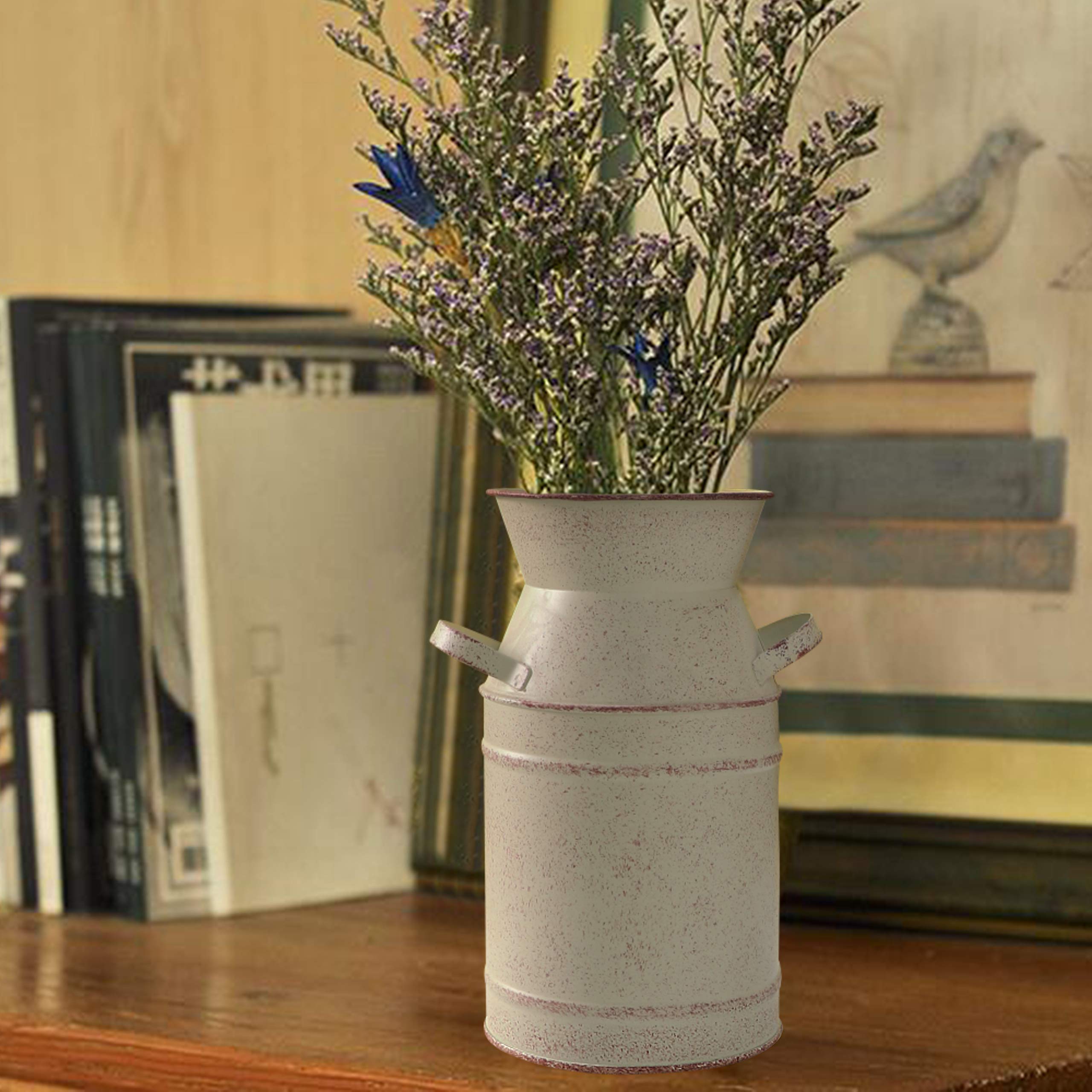 Rustic Beige Flower Vase for Centerpieces - Small Farmhouse Galvanized Milk Can with Handle - 7.5 Inch Height - Perfect for Bathroom Decor, Wedding Centerpieces & Farmhouse Home Decor