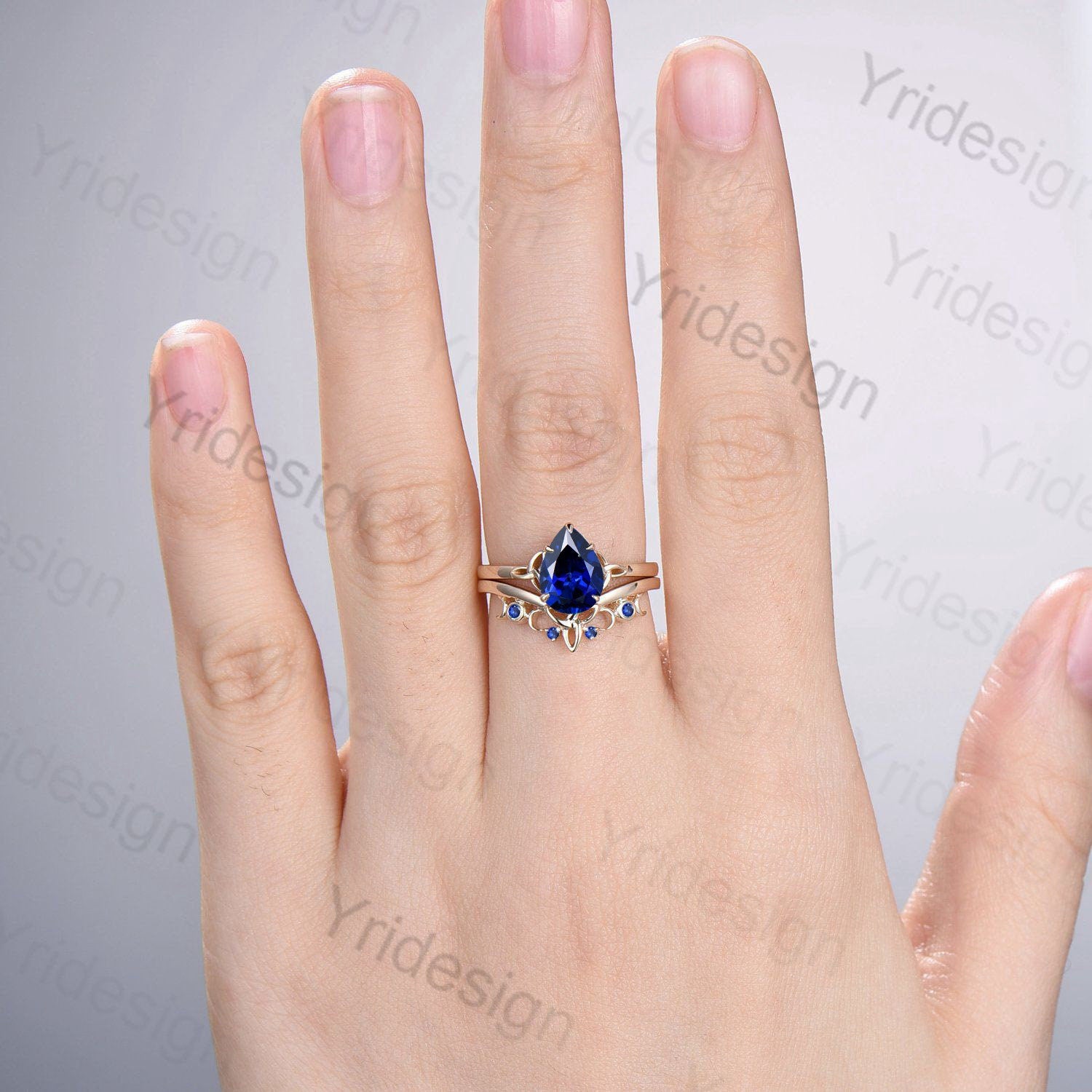 Viking Blue Sapphire Engagement Ring Set - Pear Shaped Blue Gemstone Wedding Ring for Women - Unique Celtic Love Knot Bridal Jewelry Gift for Anniversary, Proposal & Special Occasions