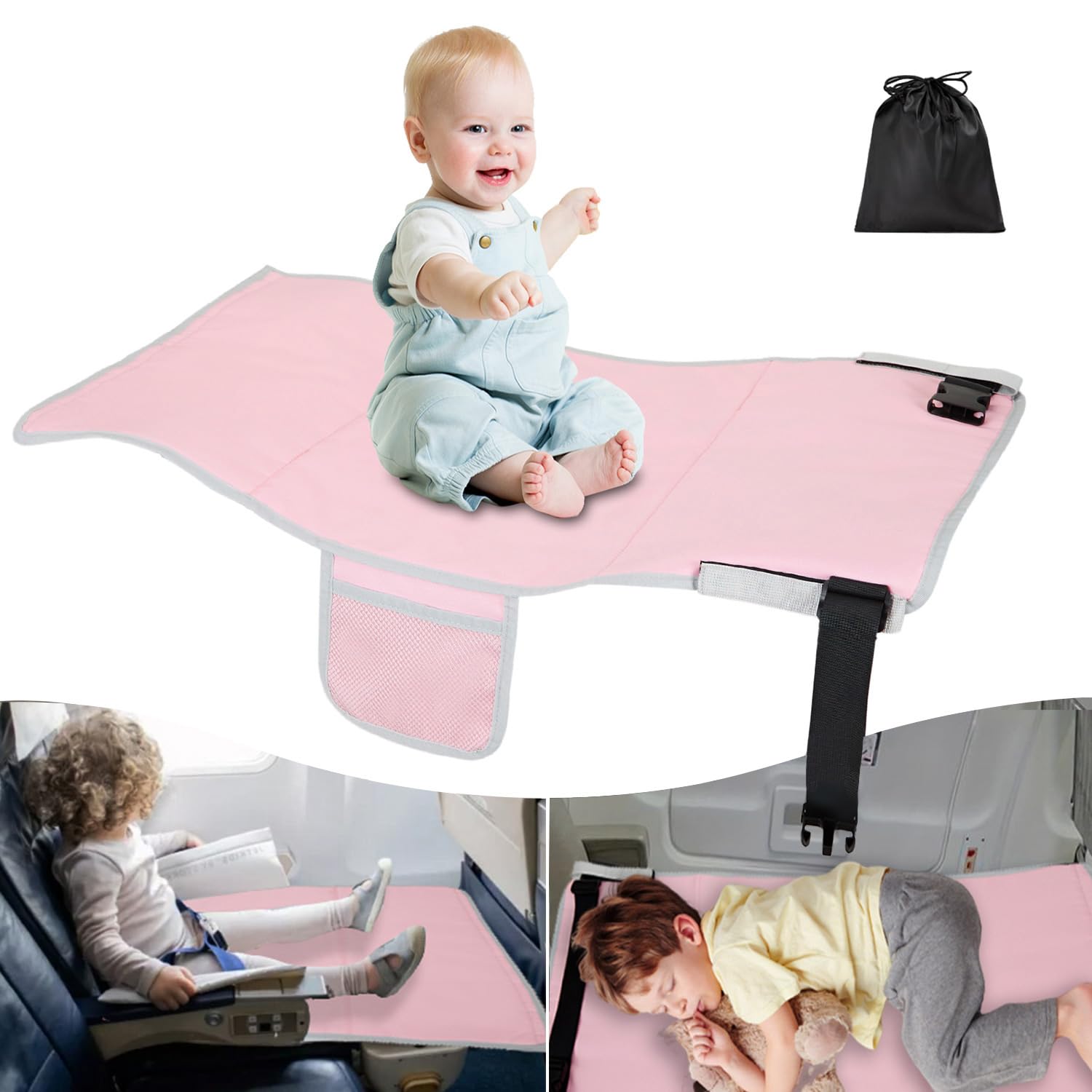 FOTN Toddler Airplane Bed - Kids Travel Seat Extender & Portable Footrest for Safe Sleeping on Flights | Airplane Essentials for Infants & Children | Perfect for Long Trips & Overnight Travel (Pink)