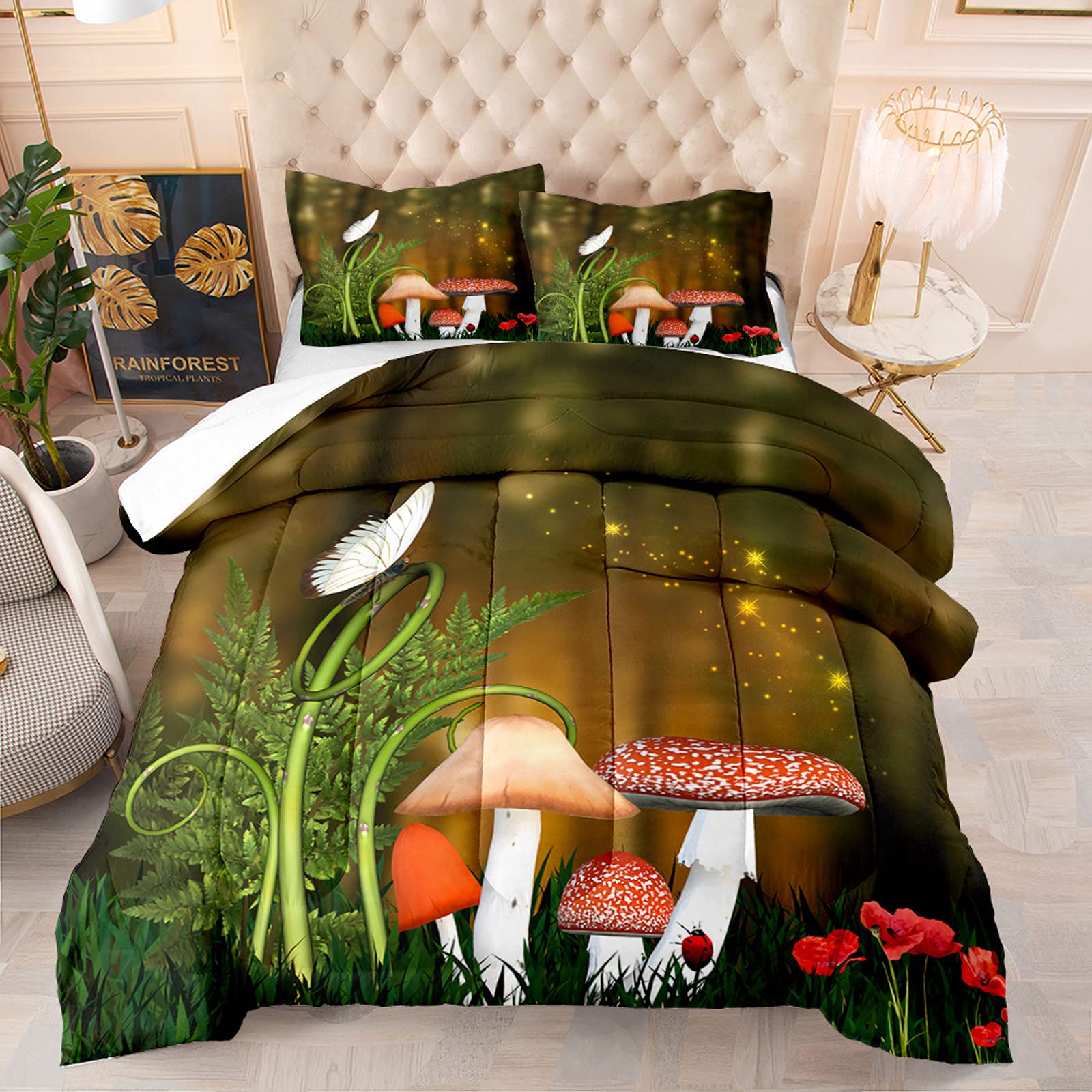 Trippy Mushroom Twin Bed Comforter Set - 2 Piece Wild Botanical Butterfly Bedding with 1 Comforter & 1 Pillow Sham | Psychedelic Dorm Room Decor for Teens, Bohemian Bedroom Aesthetic, Unique Gift for Nature Lovers