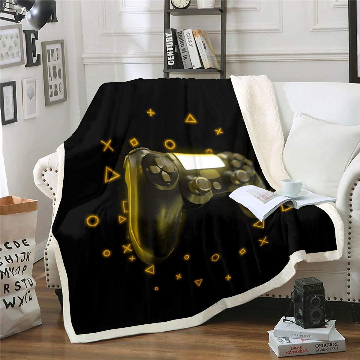 90x90 Inch Fleece Gaming Blanket for Kids & Teens - Soft Sherpa Gamepad & Joystick Design Throw Blanket - Perfect for Game Rooms, Bedrooms, and Chair Decor - Yellow Geometric Triangle Pattern - Great Gift for Boys & Girls Who Love Video Games