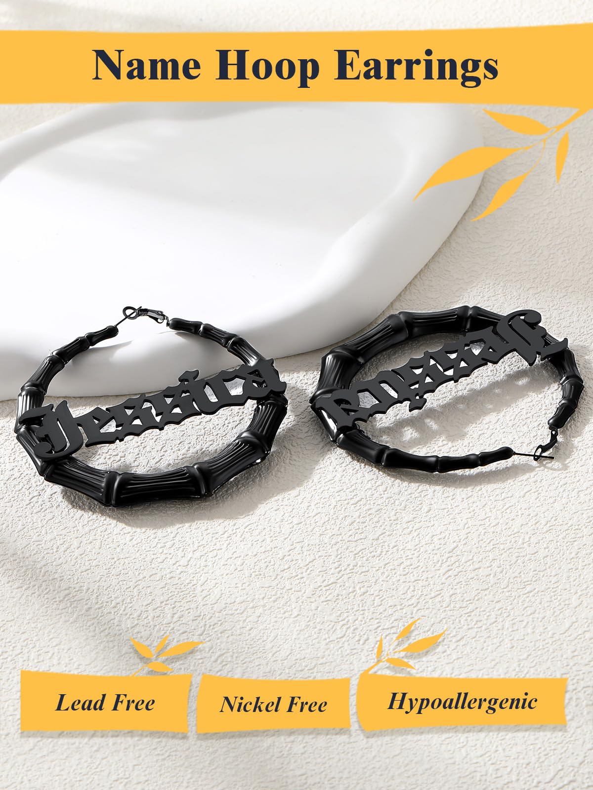 U7 Bamboo Hoop Earrings for Women - Stainless Steel, 18K Gold Plated, Personalized Black Statement Earrings - Extra Large Hip Hop Name Hoops - Perfect for Parties, Fashion Jewelry & Gifts (Gift Box Included) | Great for Night Out, Concert, Birthday & Special Occasions