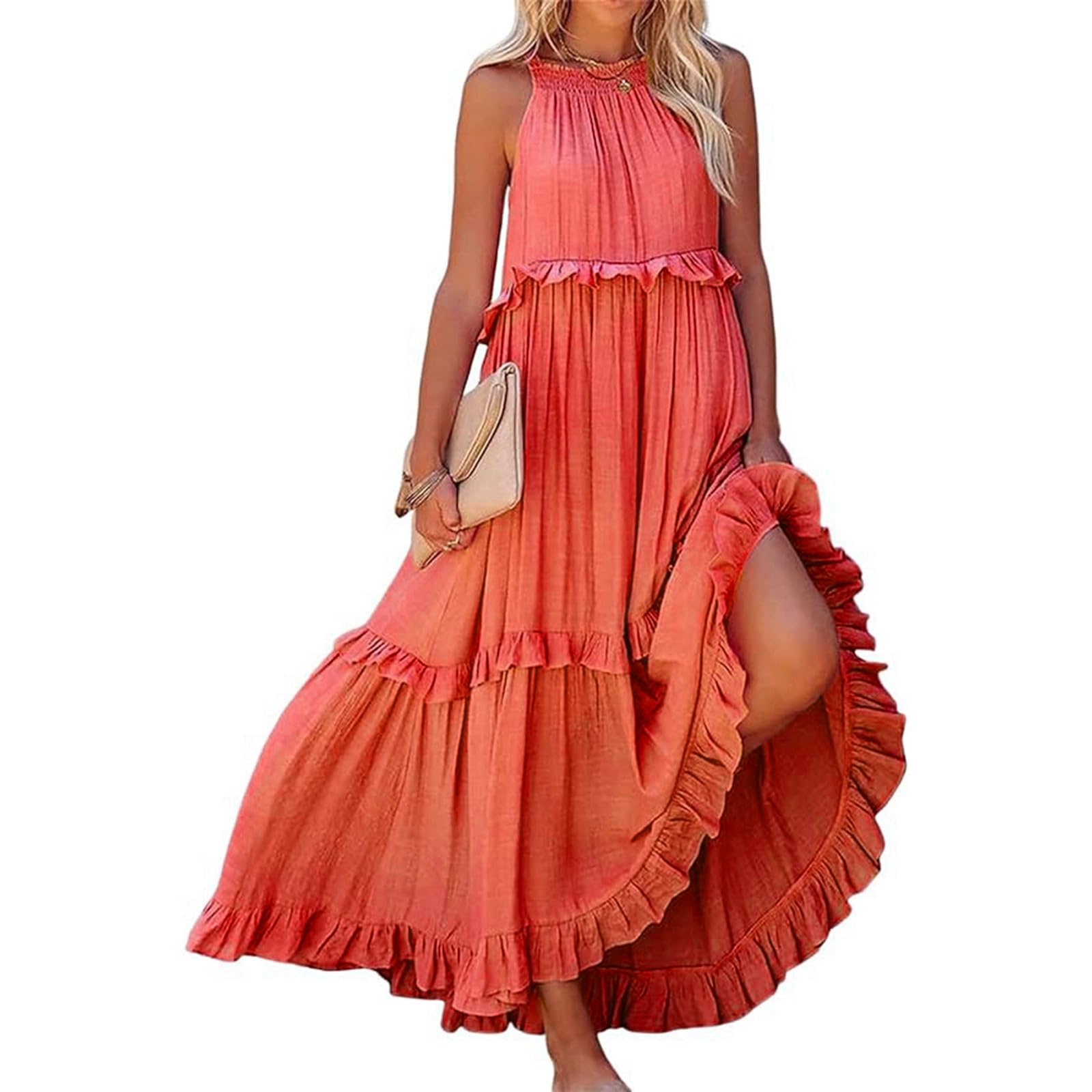 2025 Women's Summer Maxi Dresses - High Neck Long Sleeveless Sundress with Layered Ruffle Swing Design | Casual Loose Beach Dress for Vacation, Pool Party & Outdoor Activities