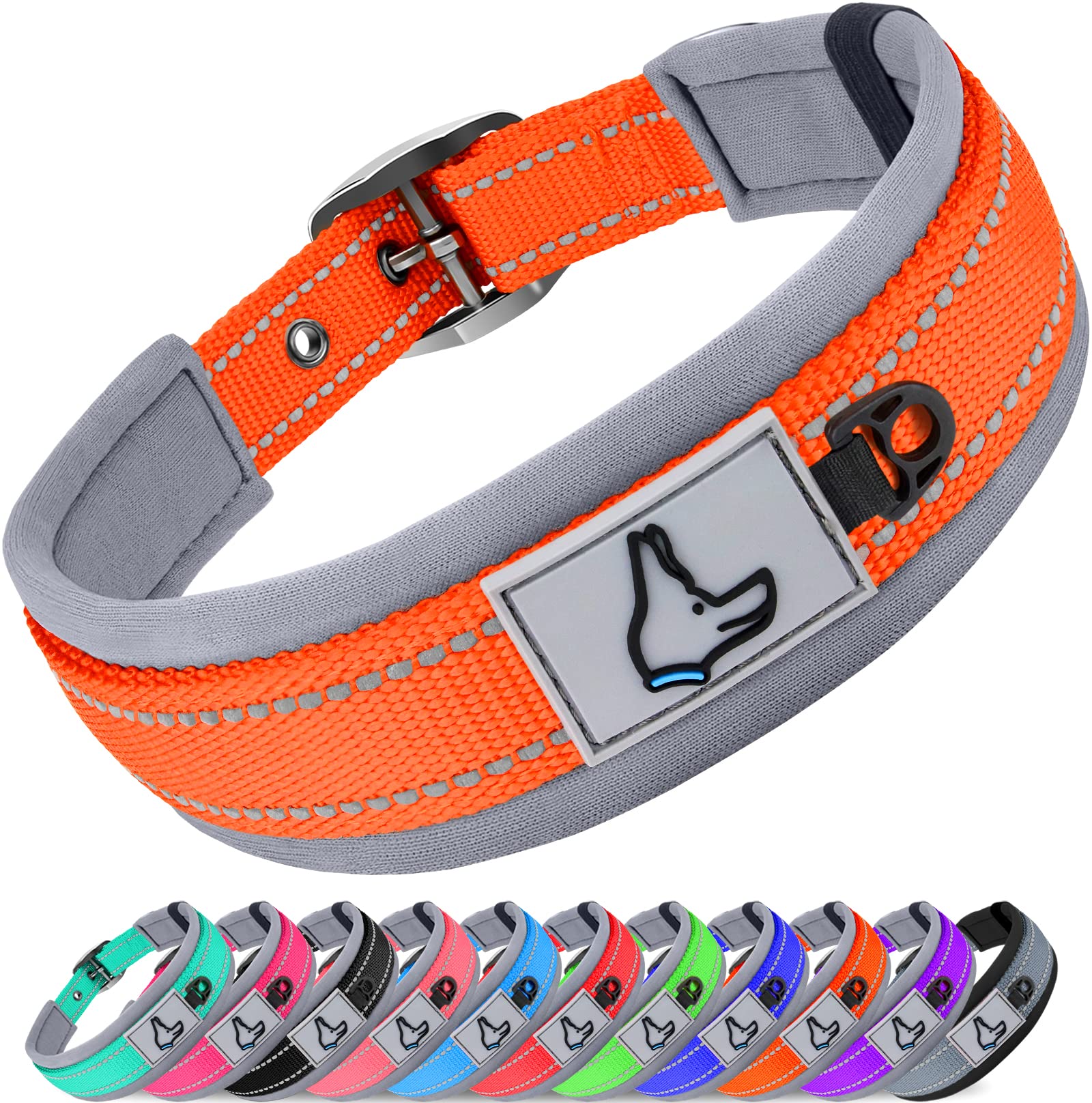 Joytale Heavy Duty Neoprene Padded Dog Collar for Large Dogs - Adjustable Reflective Pet Collar with Durable Metal Buckle for Walking, Training & Outdoor Safety (Orange, Large) - Perfect for Daily Walks, Hiking & Nighttime Visibility