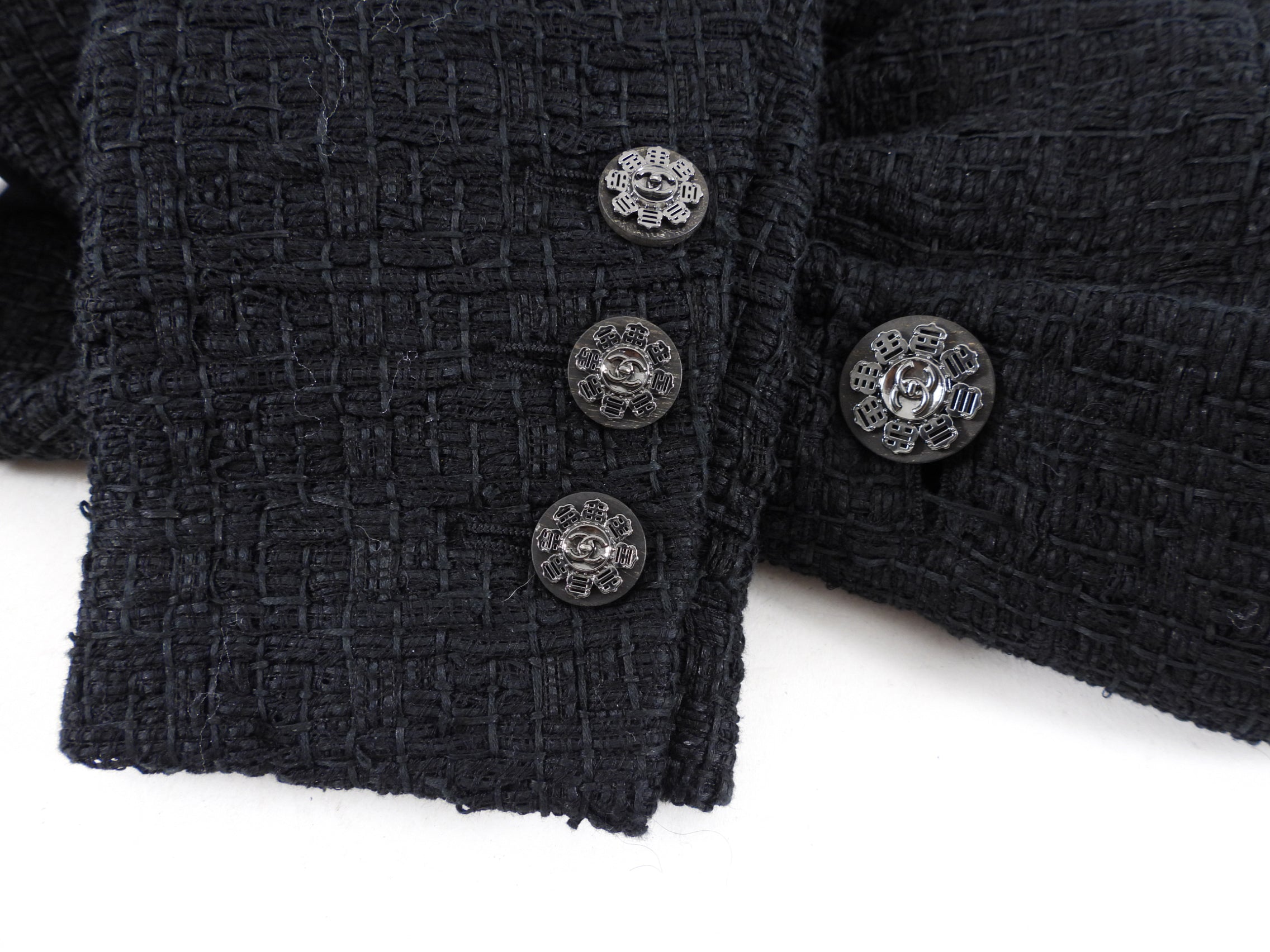 Chanel 2016 Resort Black Tweed Jacket with Ruthenium CC Buttons - Size FR40 (US 6/8) | Luxury Women's Outerwear for Parties, Weddings & Formal Events