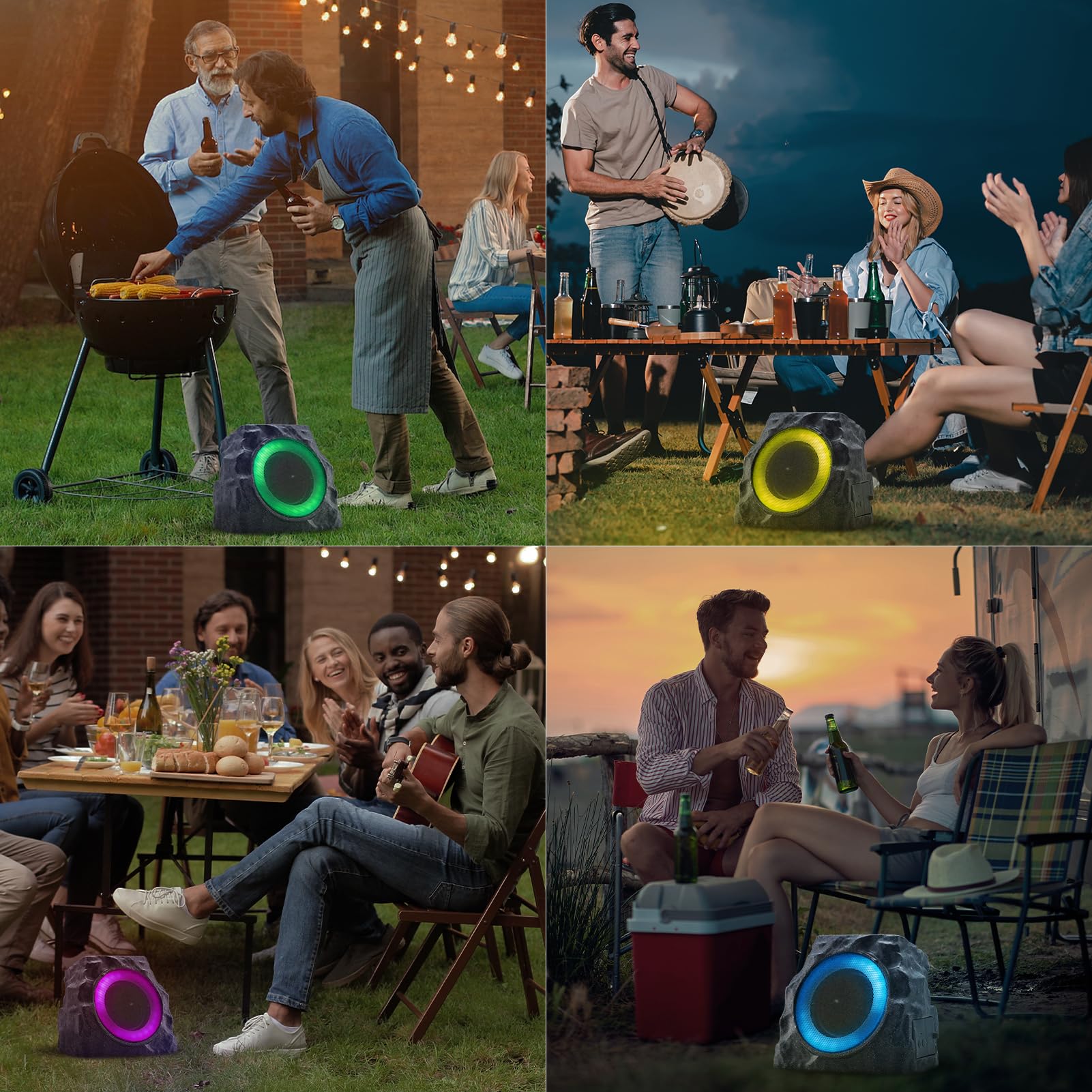 Dolita Rock Speaker - Wireless Bluetooth 5.0 Outdoor Speaker with Solar Charging, 7 RGB LED Lights, IPX6 Waterproof, 20H Playtime - Perfect for Pool Party, Beach, Camping, Garden & Backyard (2 Pack, Black)
