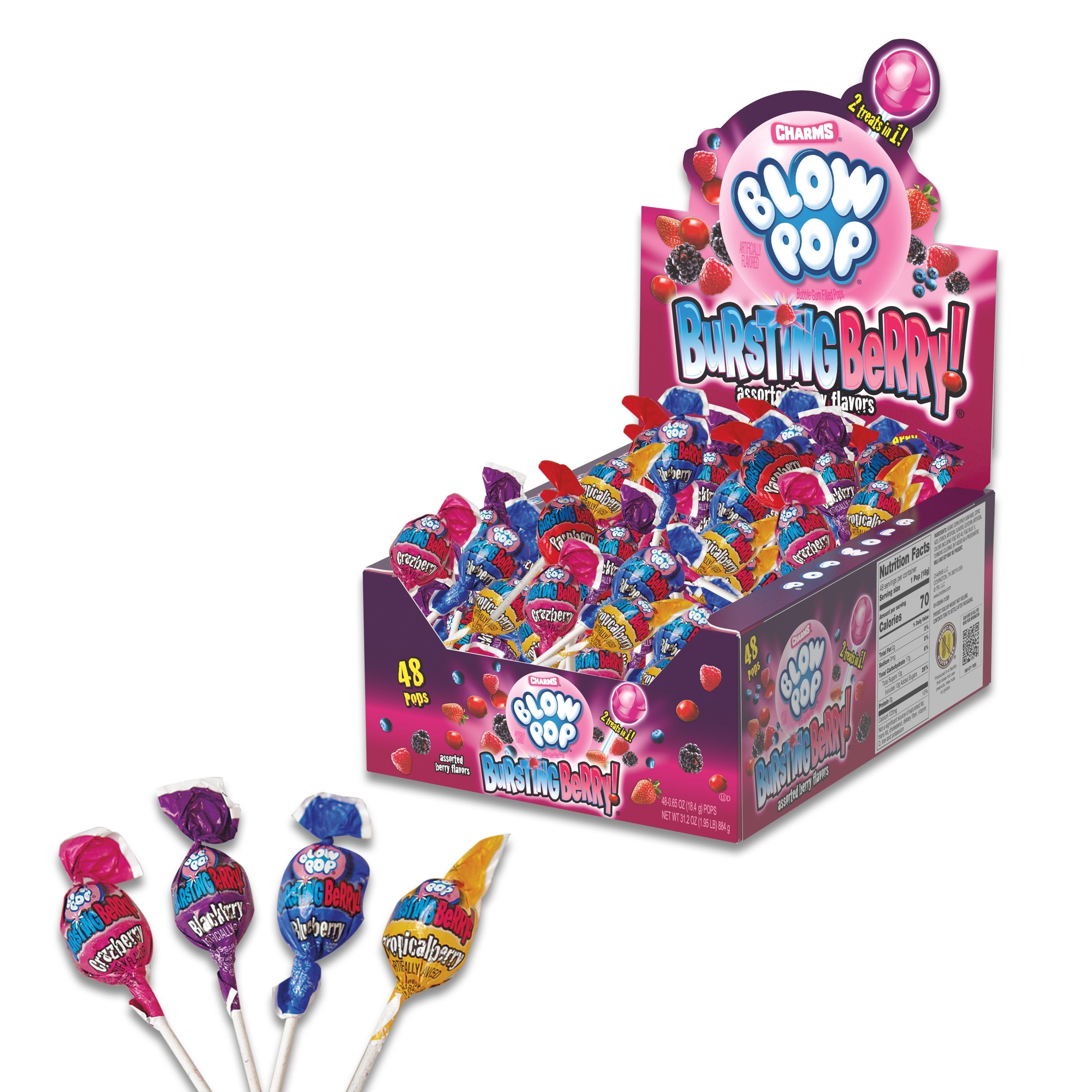 Charms Blow Pop Bursting Berry Flavor Lollipops | 48 Count Bulk Candy Box | Perfect for Birthday Parties, Halloween Treats & Office Snacks