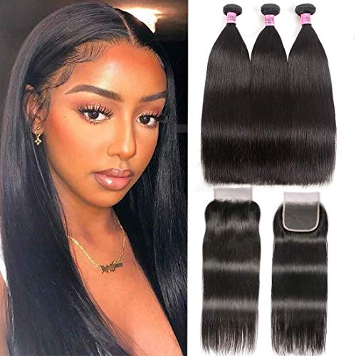 Unice 10A Malaysian Straight 100% Virgin Human Hair Weave 3 Bundles with 4x4 Lace Closure (20 22 24+18) - Unprocessed Human Hair Extensions for Natural Look & Styling Versatility | Perfect for Daily Wear, Special Occasions & Salon Use