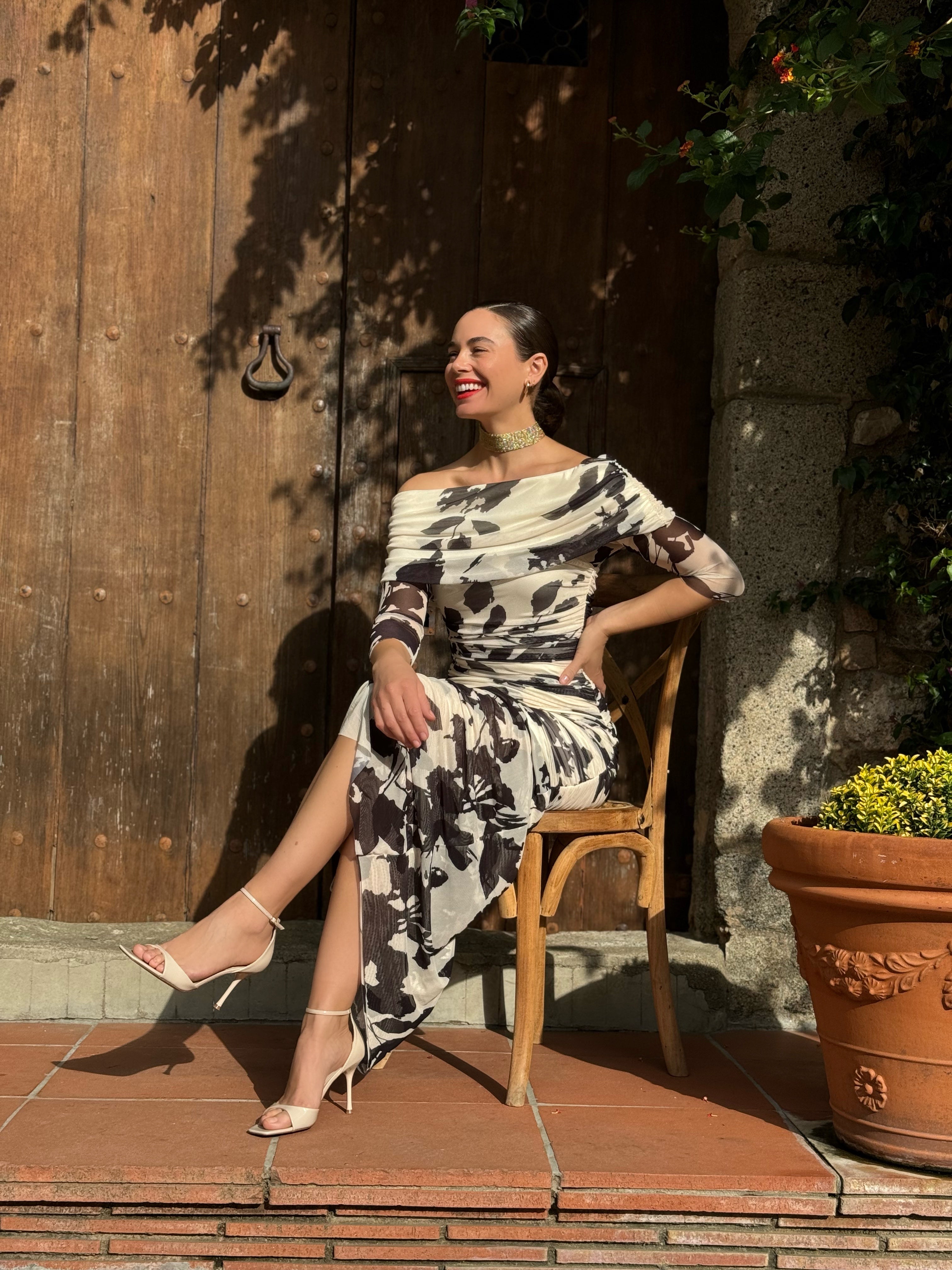 Gabrielle Bardot Midi Dress - Floral Print Wrap Dress in Cream & Black | Perfect for Cocktail Parties, Date Nights & Summer Weddings