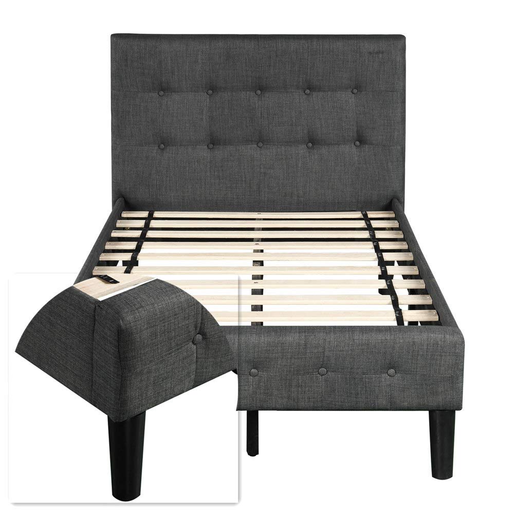 **Upholstered Wood Platform Bed Frame with Tufted Headboard - Twin Size, Wood Slat Support, No Box Spring Needed, Gray - Perfect for Modern Bedrooms & Guest Rooms**