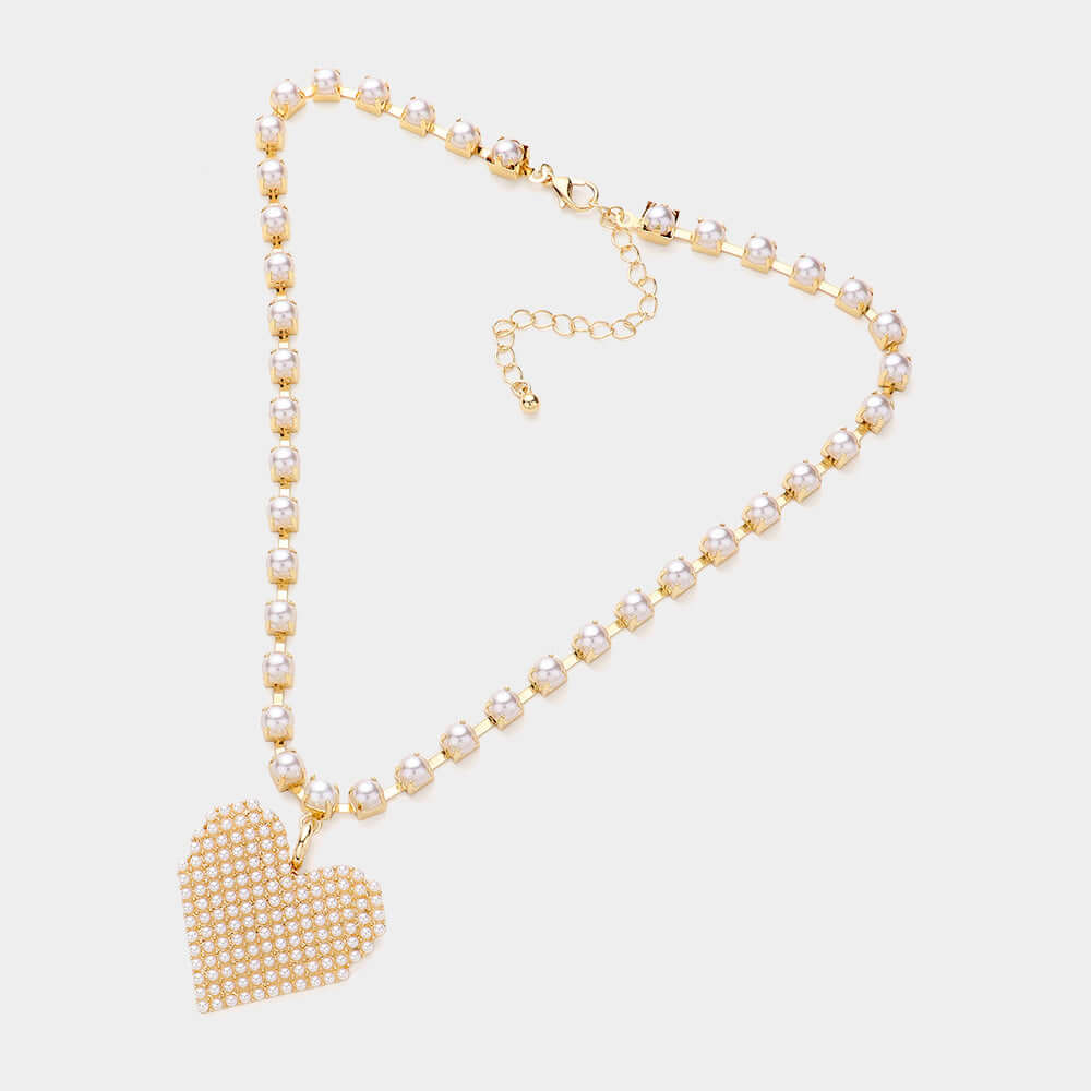 Elegant Pearl Paved Heart Pendant Necklace for Women - 18K Gold Plated Romantic Jewelry Gift for Valentine's Day, Anniversary & Special Occasions