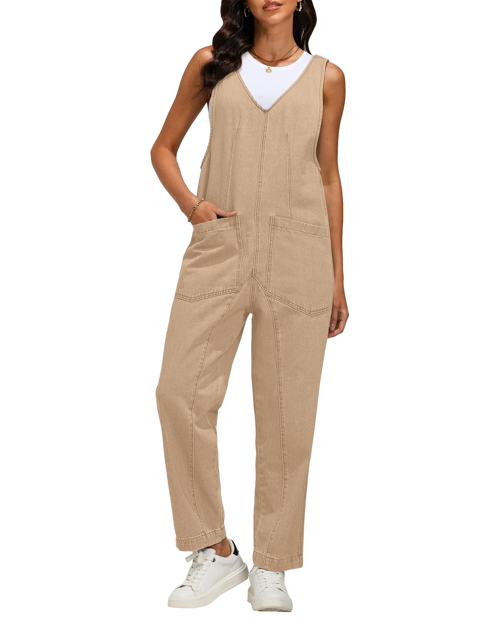 Luvamia Women's Sleeveless Denim Overalls - Casual Baggy Jumpsuit with Pockets | Loose Fit Romper for Summer, Outdoor Activities & Streetwear Fashion