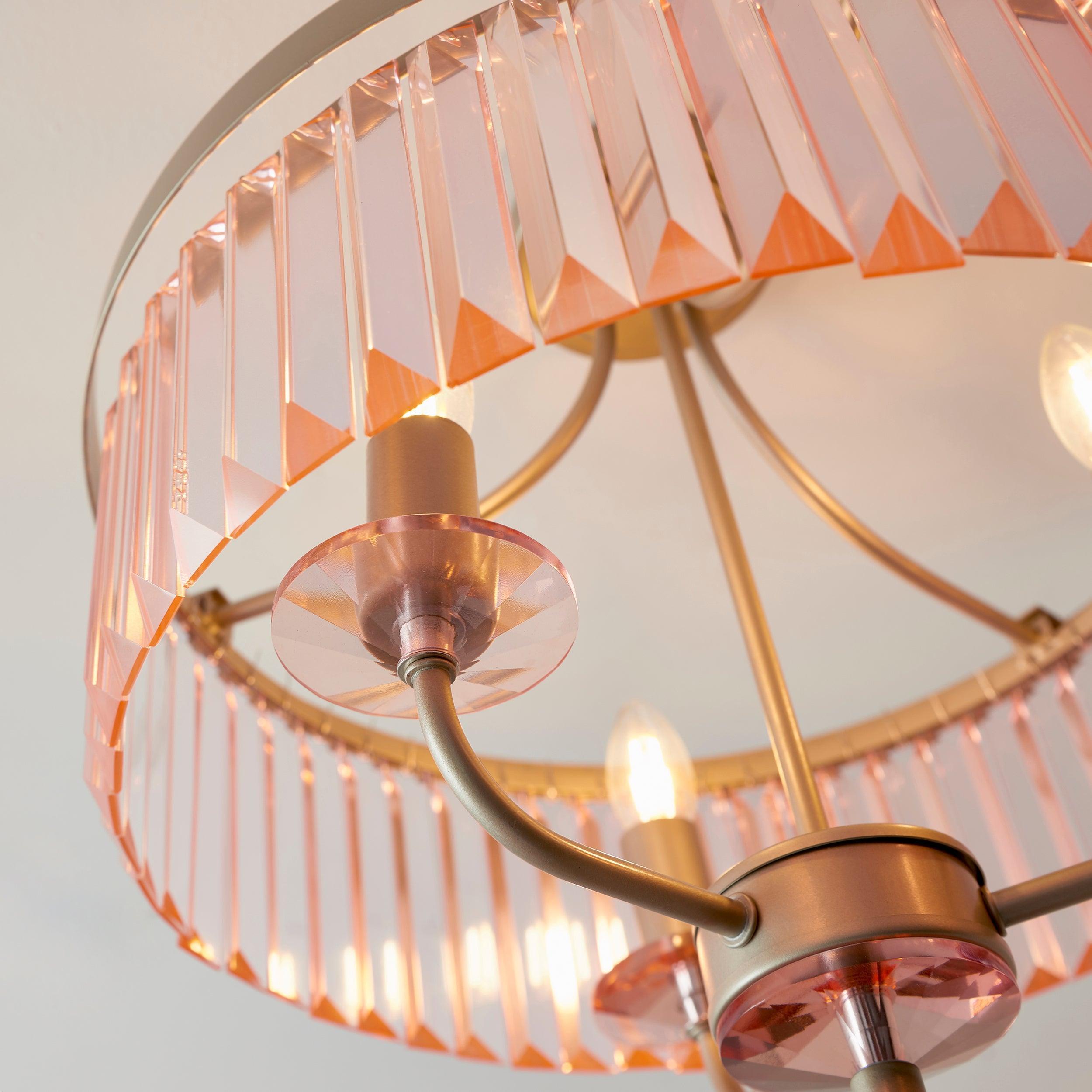 Ealing 3-Light Round Champagne & Pink Cut Glass Semi-Flush Ceiling Light - Perfect for Bedroom, Dining Room, or Entryway Lighting
