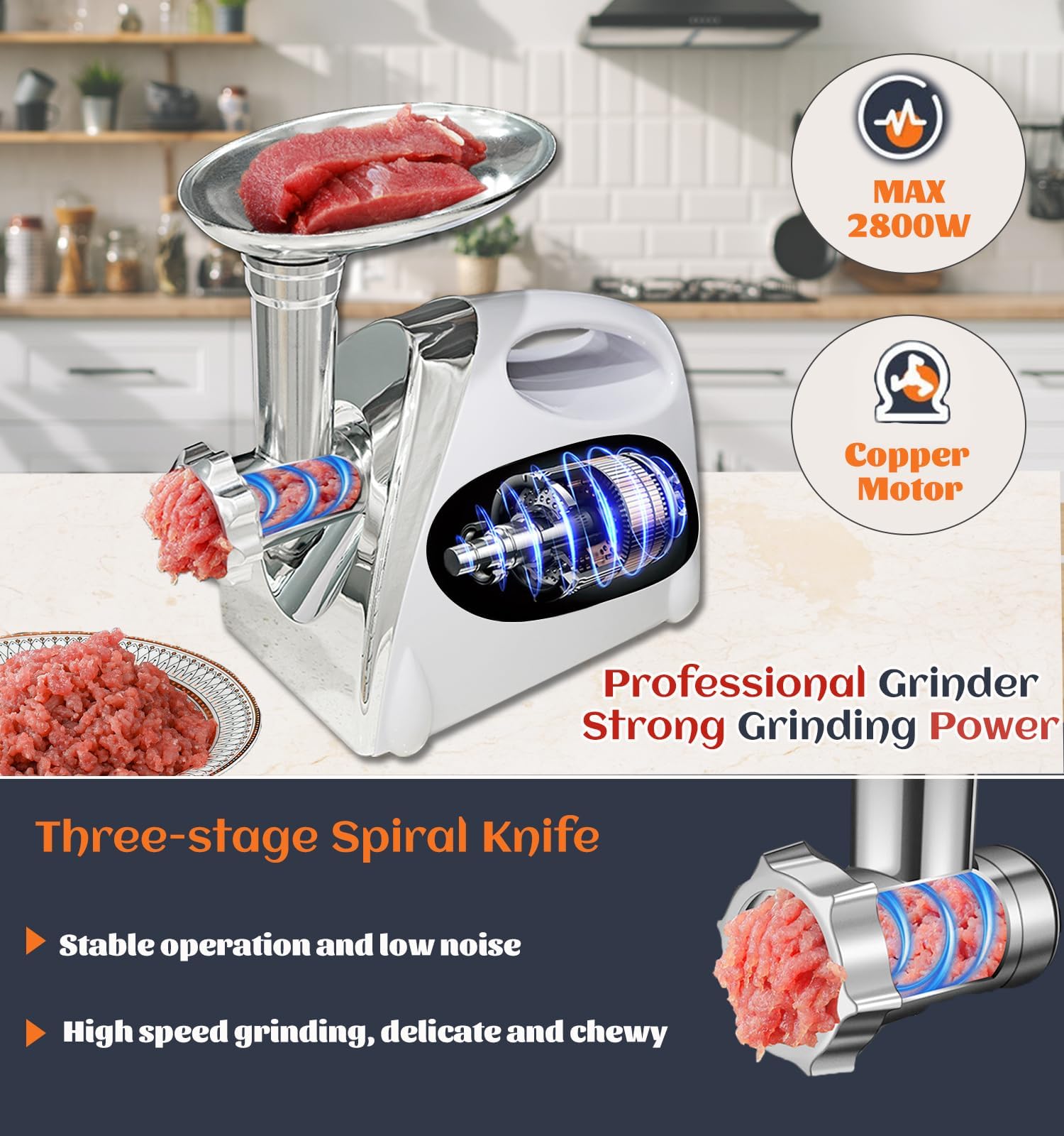 2800W Heavy Duty Electric Meat Grinder - Stainless Steel Sausage Maker & Mincer Machine with 3 Blades, Sausage Stuffer Tube & Kubbe Kit - Perfect for Home Kitchen, BBQ, Camping & Food Prep (White)