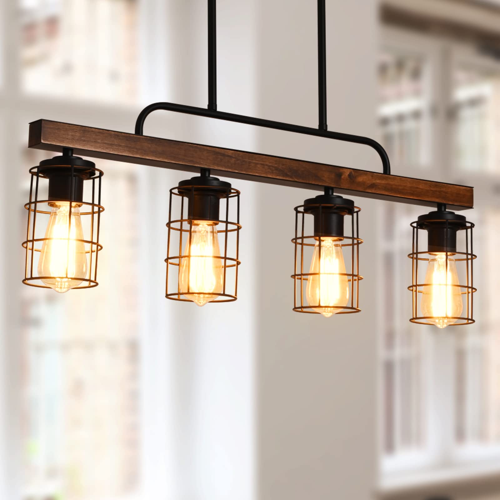 Farmhouse Kitchen Island Lighting - Rustic Black Metal & Wood Linear Pendant Light Fixtures for Dining Room, Living Room | Perfect for Country Style Home Decor & Open Concept Spaces