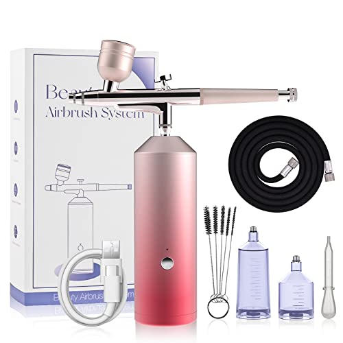Cenoz Portable Cordless Airbrush Makeup Kit - Rechargeable Handheld Mini Airbrush with 2 Capacity Cups & Hose (Pink) | Professional Makeup Sprayer for Face, Body Art & Special Effects Cosmetics