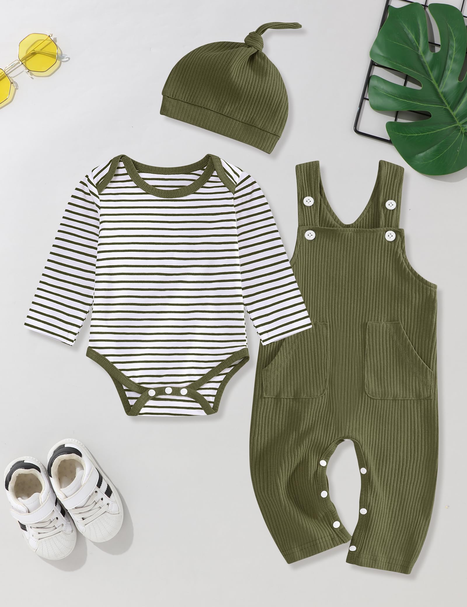 Adorable 0-18 Months Baby Boy Outfits - Striped Romper Top & Overalls Set with Matching Hat | Soft Cotton Infant Clothes for Playtime, Photo Shoots & Special Occasions