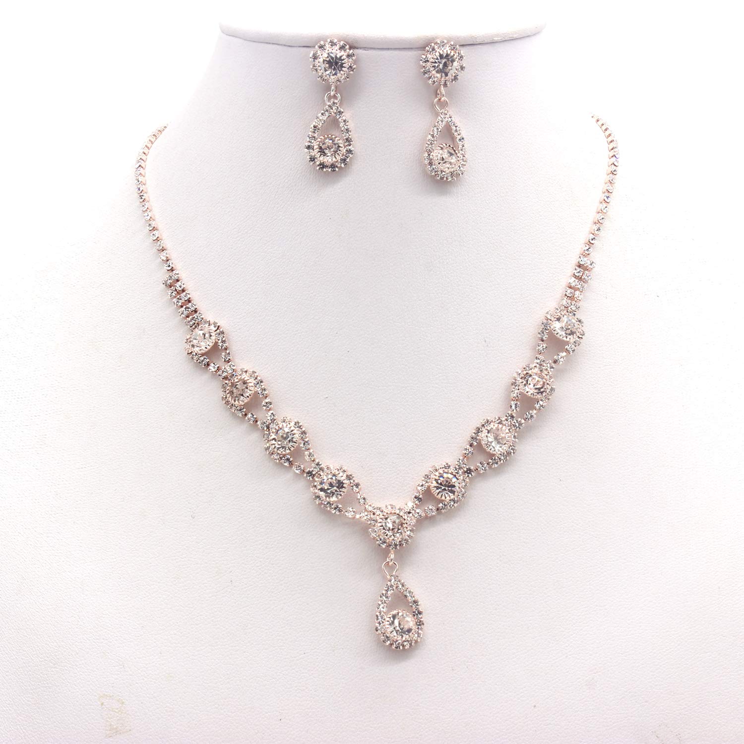 Elegant Rose Gold Crystal Wedding Tiara & Rhinestone Necklace Set - Bridal Crown with Side Combs & Hairband for Bride, Bridesmaid, Prom - Perfect for Weddings, Parties, Special Occasions (Rose Gold Clear)
