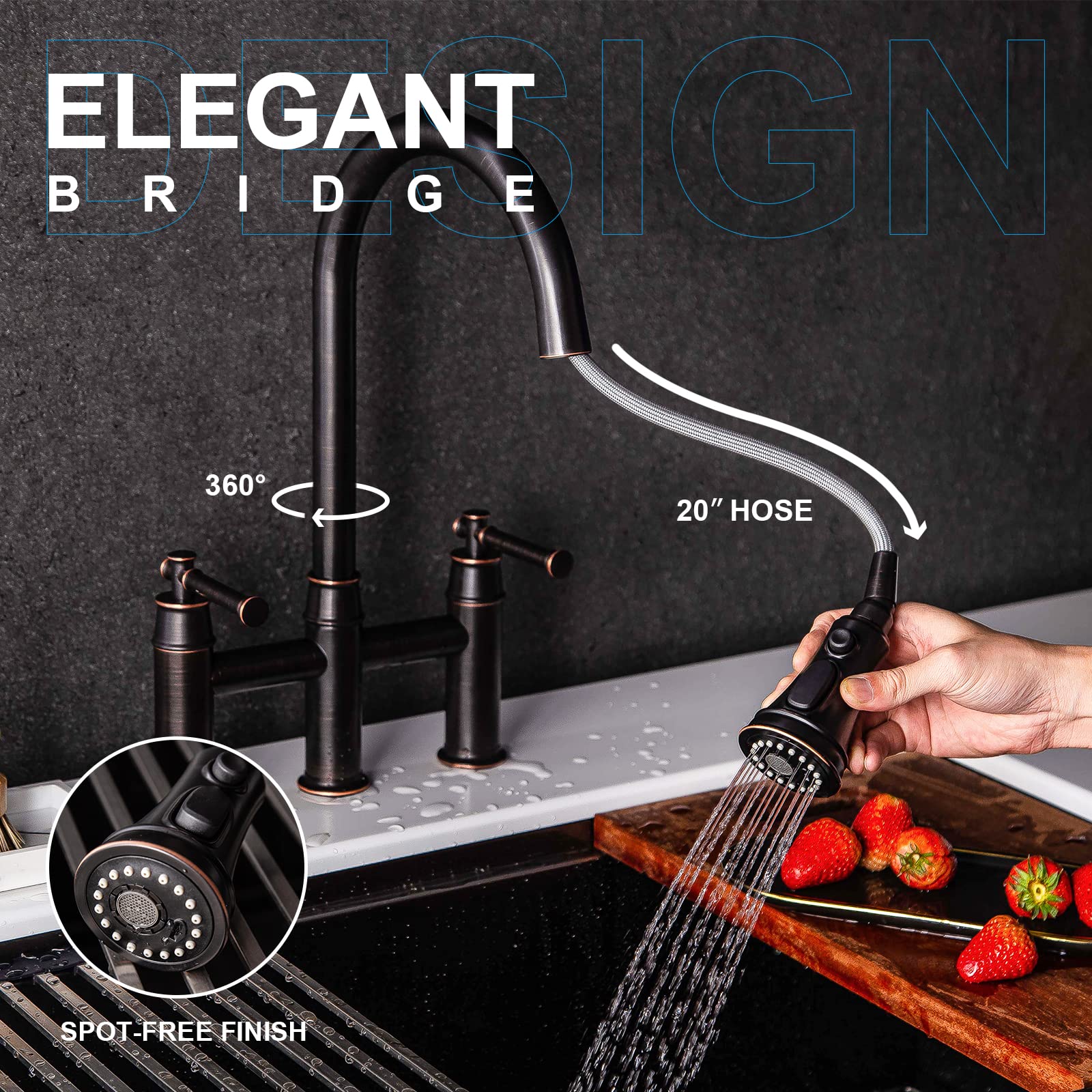 Oil Rubbed Bronze Bridge Kitchen Faucet with Pull Down Sprayer - Oakland Brass 2 Handle 3 Hole Spot-Resistant Lead-Free Faucet (Model KSK8239-ORB) - Perfect for Modern Farmhouse & Industrial Style Kitchens