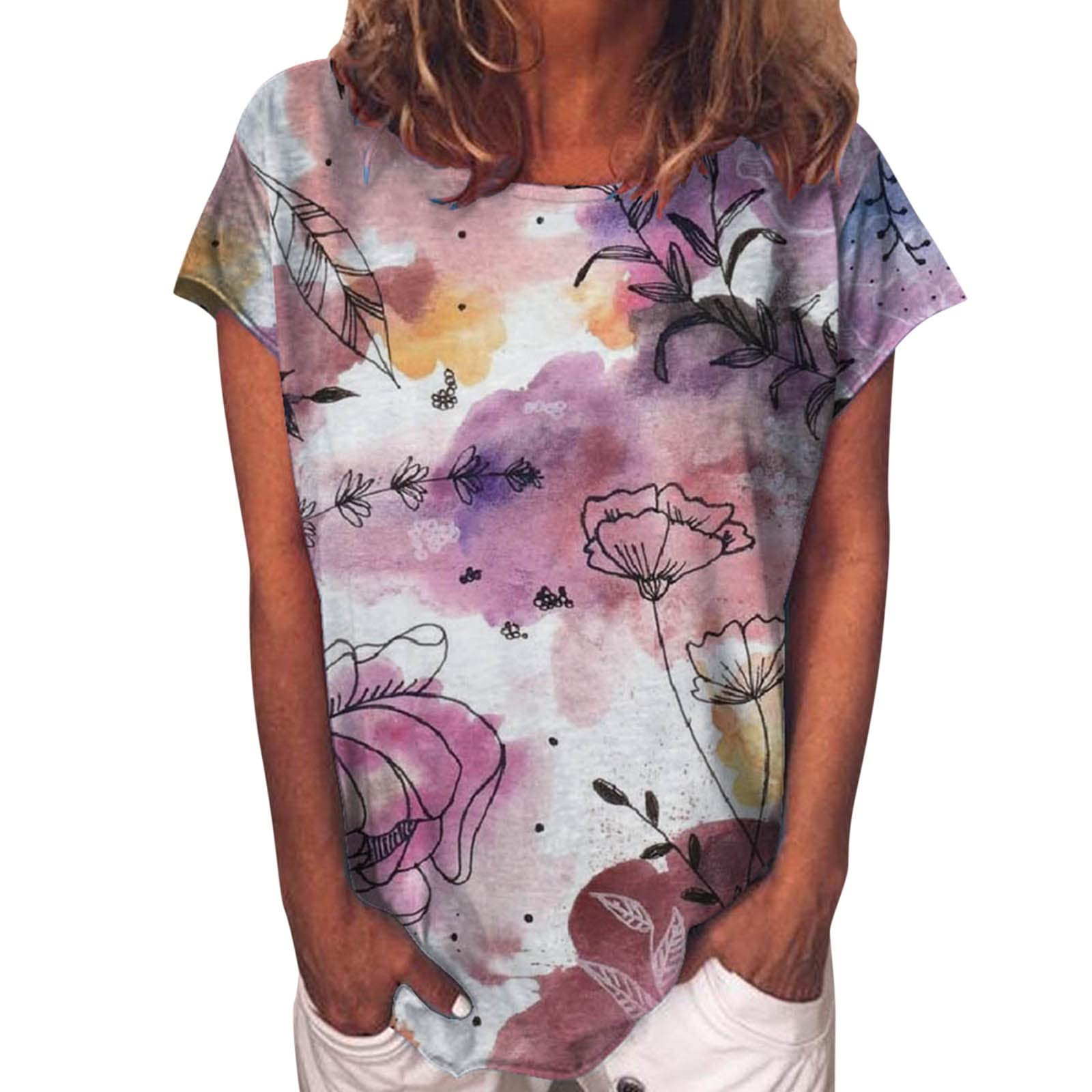 Women's Fashion Printed Babydoll Tops - Short Sleeve O-Neck T-Shirt Blouse & Tunic Tops for Casual Wear, Summer Outfits, and Layering