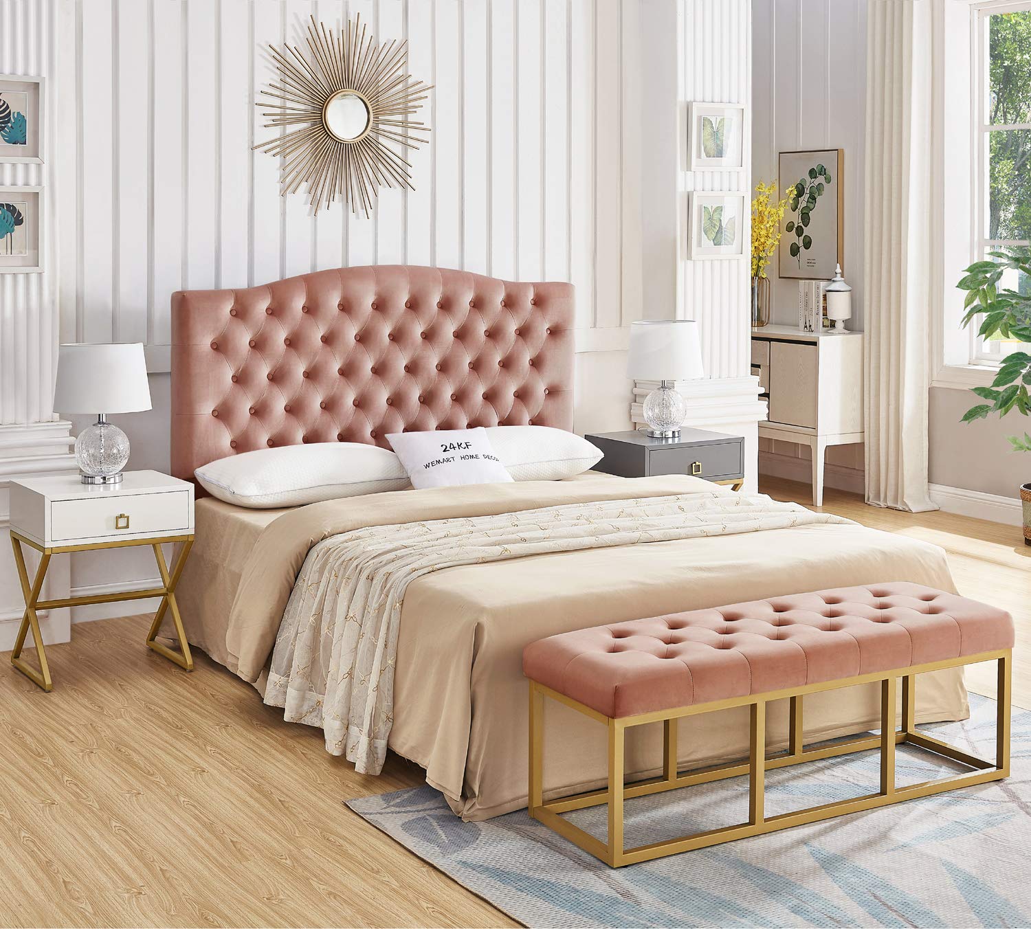 24K Gold Velvet Upholstered Tufted Button Queen Headboard - Luxury Blush Pink Bed Frame for Master Bedroom Decor | Full/Queen Size Comfortable Padded Headboard for Modern Home & Bedroom Design