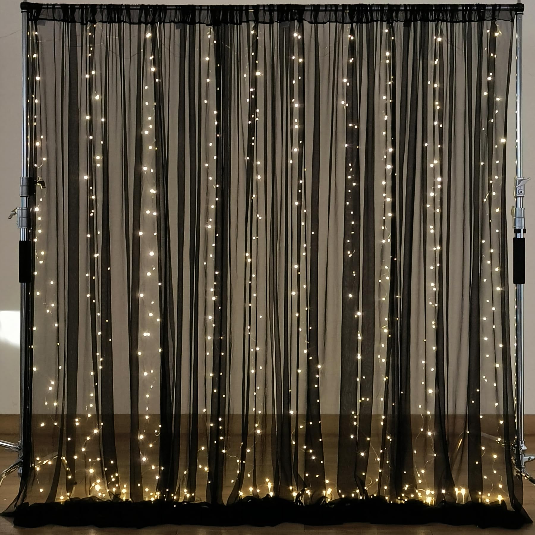 10×10ft Black Tulle Backdrop Curtain with LED String Lights - Sheer Wedding Party Decor, Photo Booth Background, Home Decoration for Birthday, Anniversary & Baby Shower Events