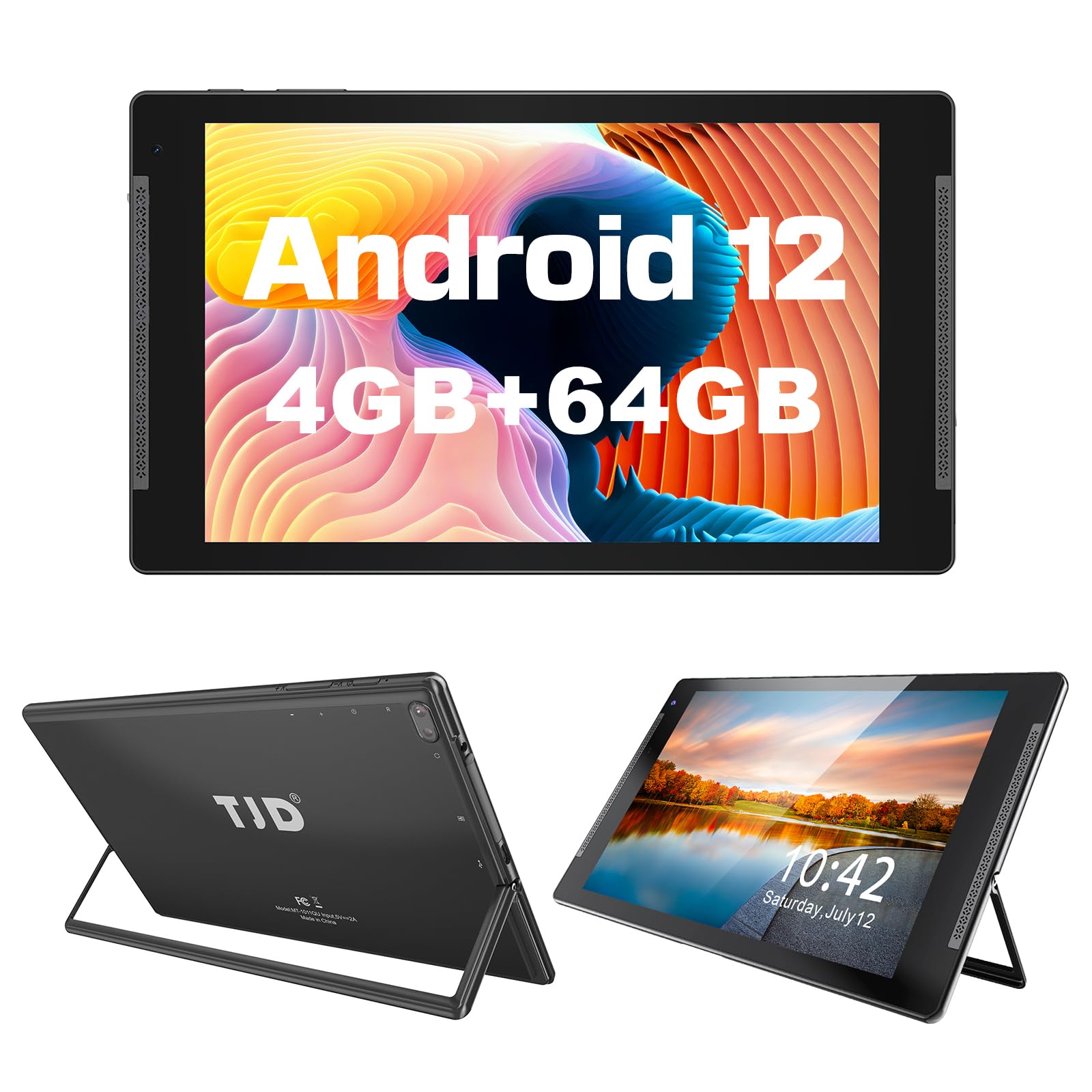10.1 Inch Android 12 Tablet - TJD 4GB RAM 64GB ROM (Expandable to 512GB) with Quad Core Processor, HD IPS Screen, 2MP Front & 8MP Rear Camera, WiFi Bluetooth - Perfect for Work, Study, Entertainment & Travel