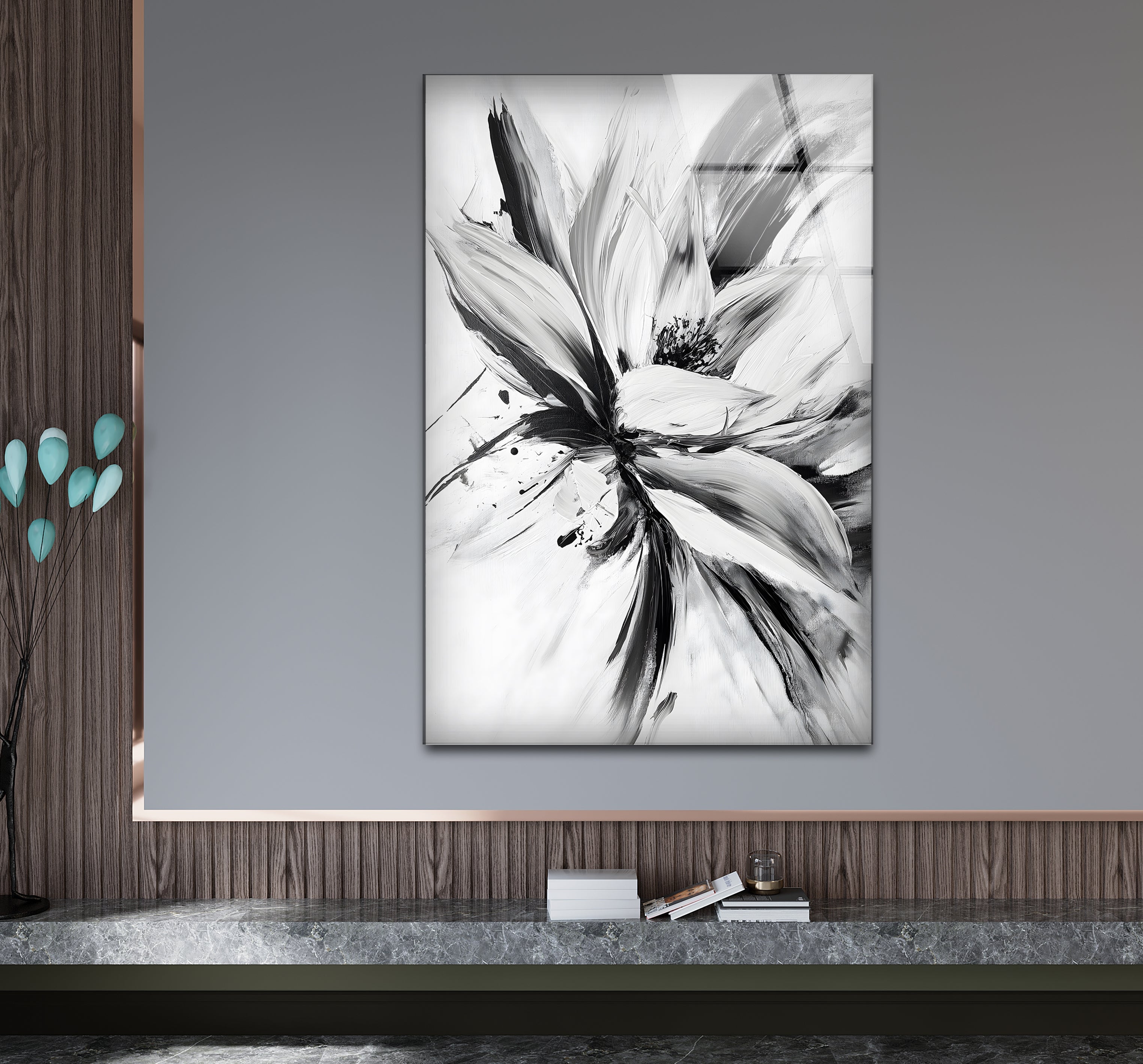 Modern Black and White Abstract Floral Glass Wall Art - Elegant Home Decor for Living Room, Bedroom & Office