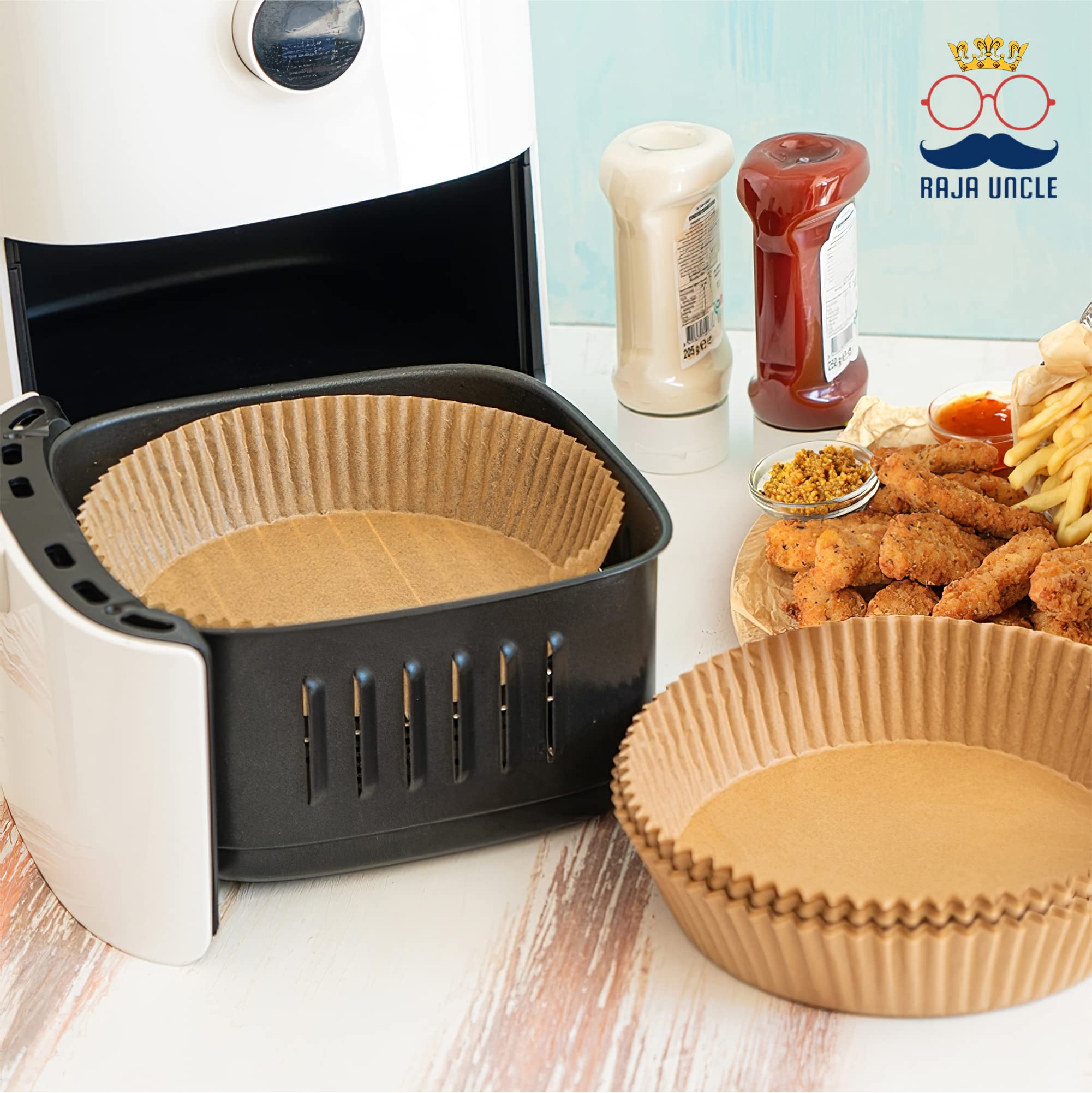 RAJA UNCLE 100PCS 6.3 Inch Round Air Fryer Liners - Disposable Non-Stick Greaseproof Paper Liners for COSORI, Ninja & Tower Air Fryers - Perfect for Cooking Chicken Wings, French Fries & Healthy Snacks
