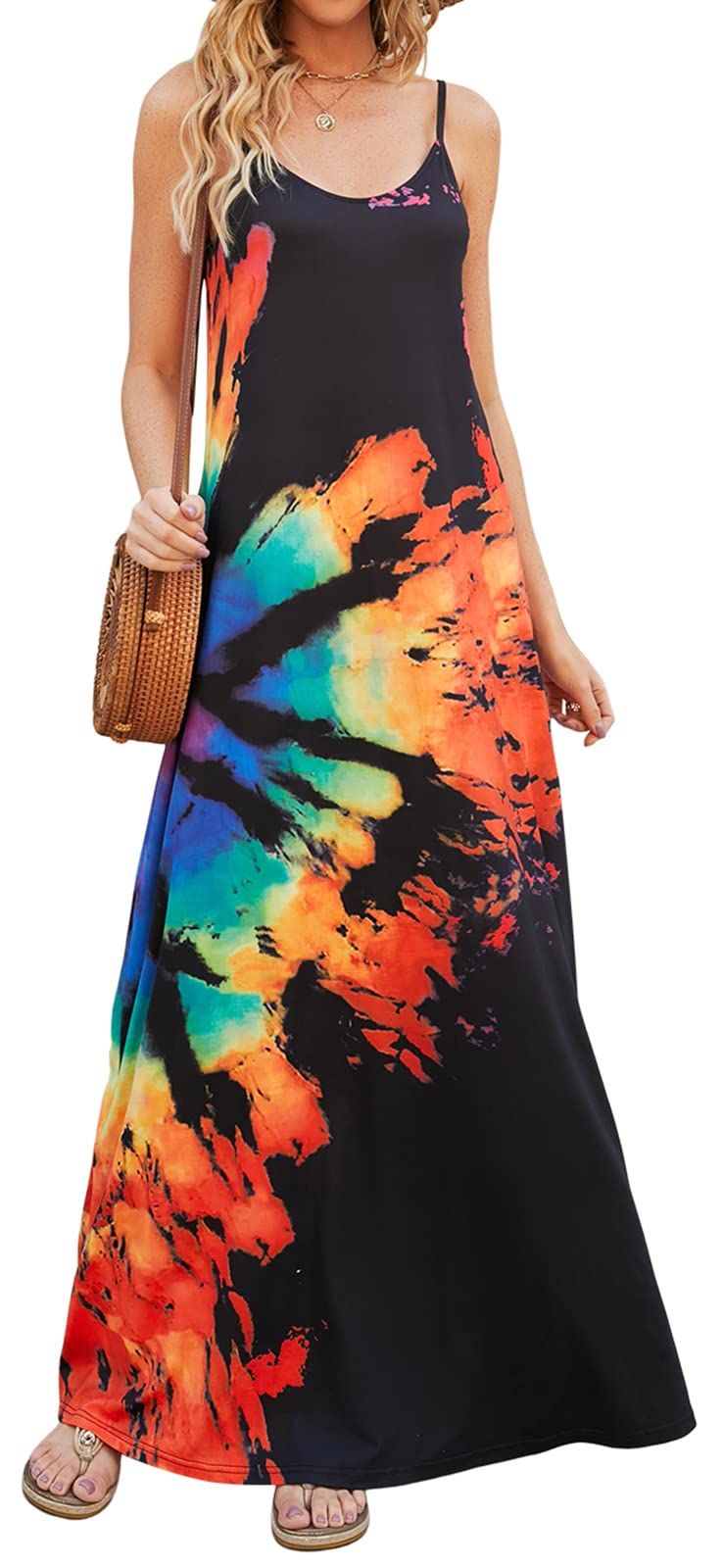 Supnier Women's Summer Maxi Dress - Casual V-Neck Sleeveless Bohemian Floral Long Dress with Pockets | Beach Wedding, Vacation & Everyday Wear
