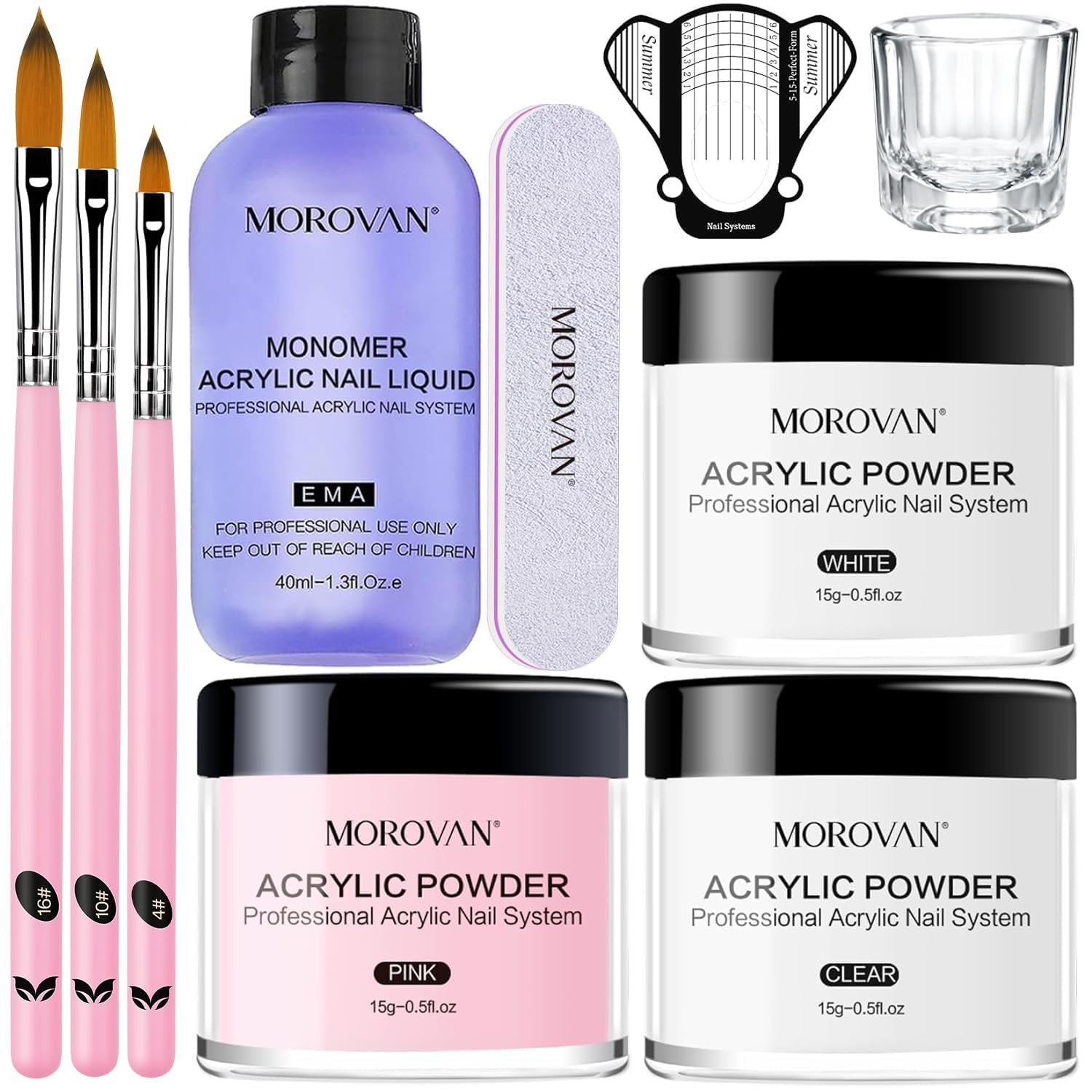 Morovan Professional Acrylic Nail Kit - Clear, Pink & White Acrylic Powder with Liquid Set for DIY Nail Extensions | Beginner-Friendly Home Manicure Kit with Nail Brush | Perfect for Salon-Quality Nails at Home, Parties & Special Occasions