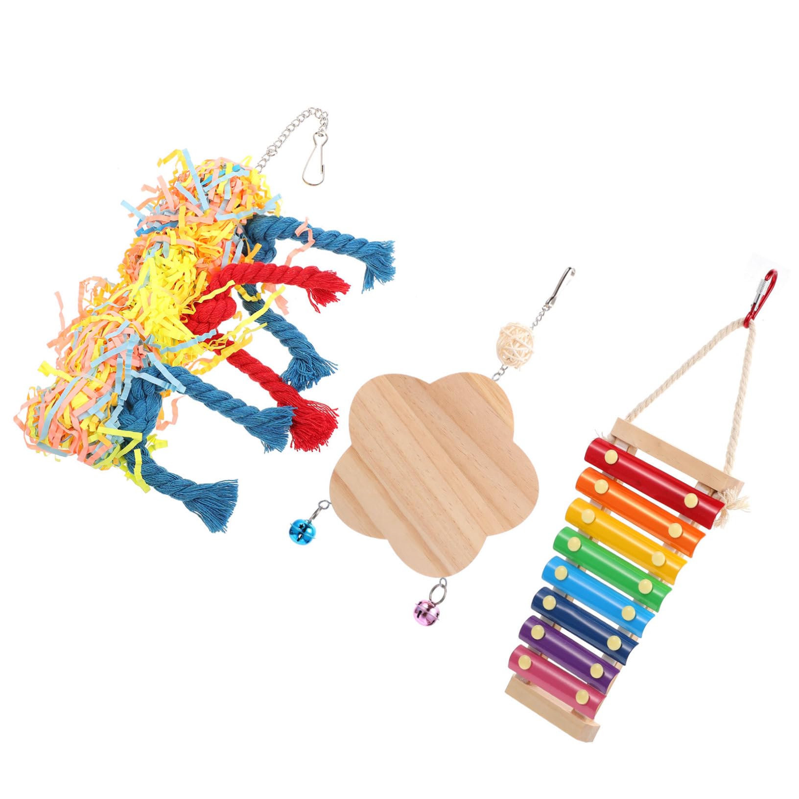 Balacoo 3-Piece Parrot Toy Set - Hanging Bell, Chewable Ladder & Pecking Toys for Birds - Natural Rattan Wooden Bird Cage Accessories - Perfect for Parrots, Cockatiels & Small Pets - Stimulating Play & Exercise Toys for Bird Cages & Chicken Coops