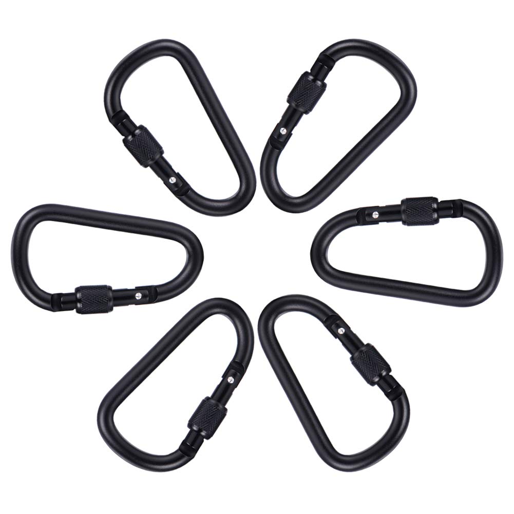 6 Pack Heavy Duty Black Locking Carabiners - 3.1 Inch D-Ring Keychain Clips for Outdoor Activities, Camping Gear, Hiking Equipment, Fishing Accessories & Travel Essentials - Includes 6 Key Rings - Perfect for Backpacks, Dog Leashes, Gym Bags and Tool Organization