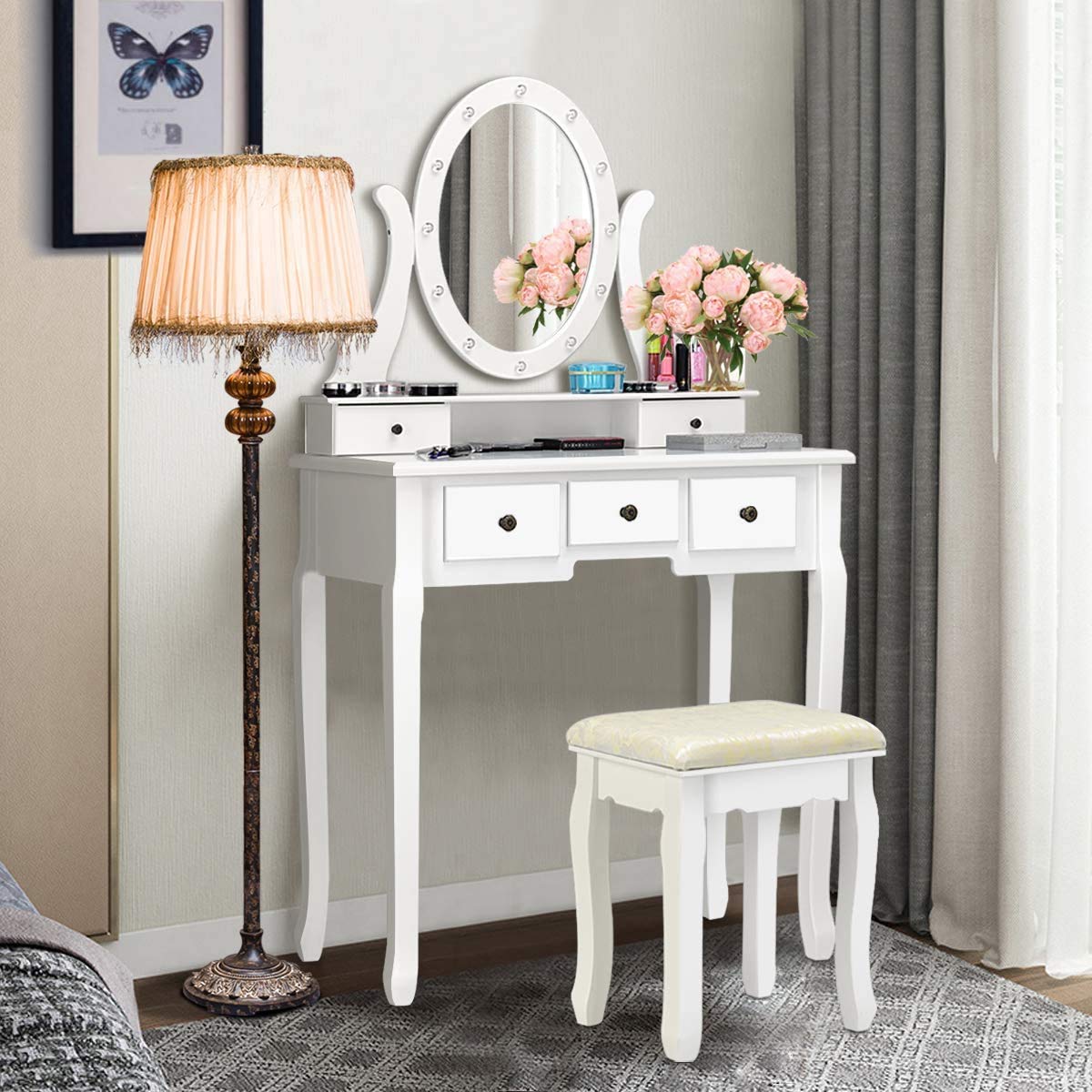 ReunionG Vanity Set with LED Lights & 360° Rotating Mirror, Makeup Dressing Table with Cushioned Stool, 5 Drawers & Storage Shelf - White Vanity Desk for Bedroom, Beauty Salon & Home Office