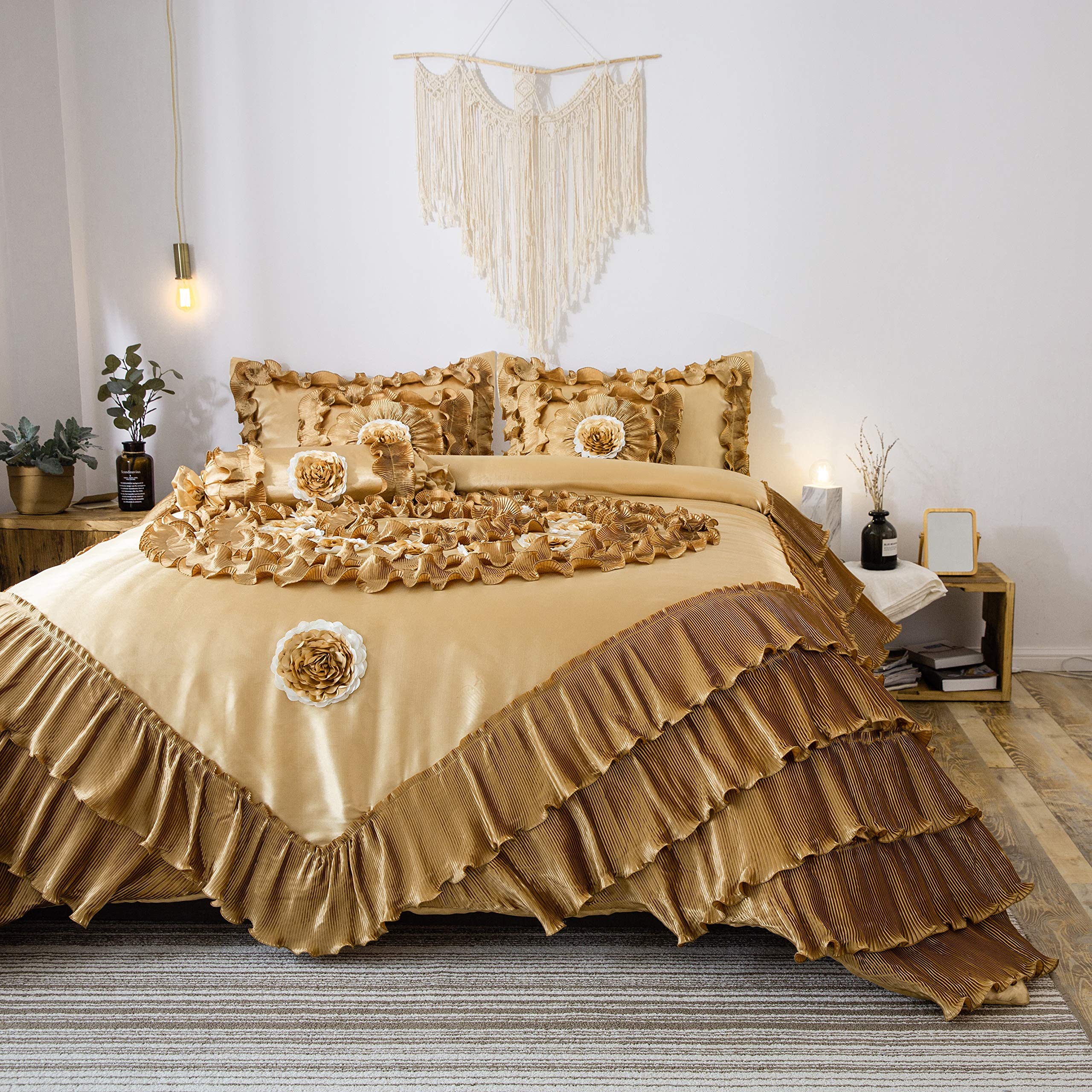 Luxurious Satin Ruffle Floral 6-Piece Comforter Bedding Set in Honey Gold & Caramel Latte - Victorian Royal Style for California King Bed | Perfect for Master Bedroom, Guest Room & Luxury Hotel Decor