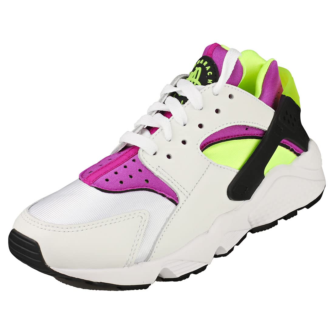 Nike Women's Air Huarache Running Shoes - White/Neon Yellow/Magenta - Size 5.5 - Lightweight Comfortable Sneakers for Jogging, Gym Workouts & Casual Wear