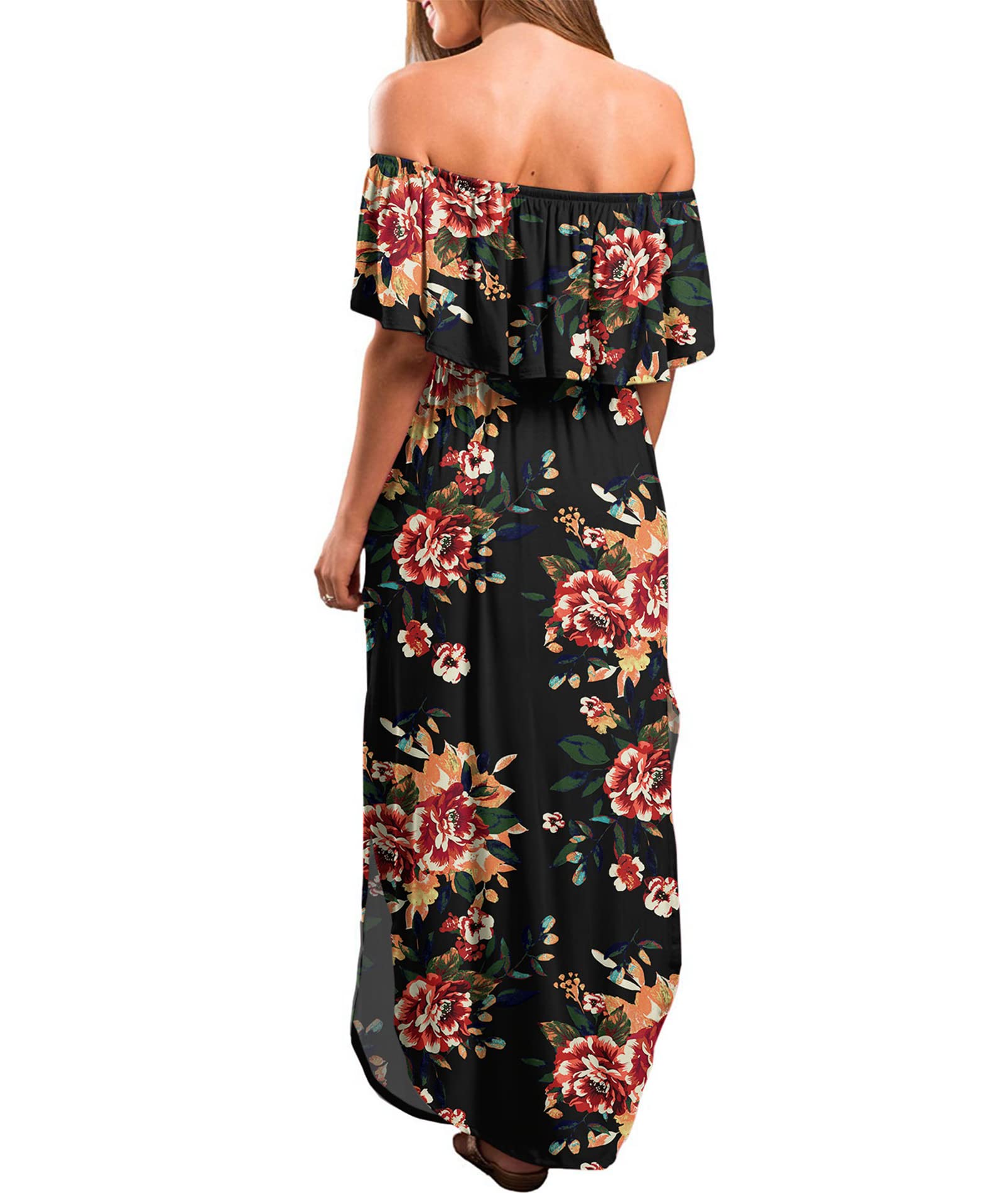 LILBETTER Women's Off Shoulder Ruffle Party Dress with Side Slit - Flowy Beach Maxi Dress for Summer Vacations, Weddings & Night Out