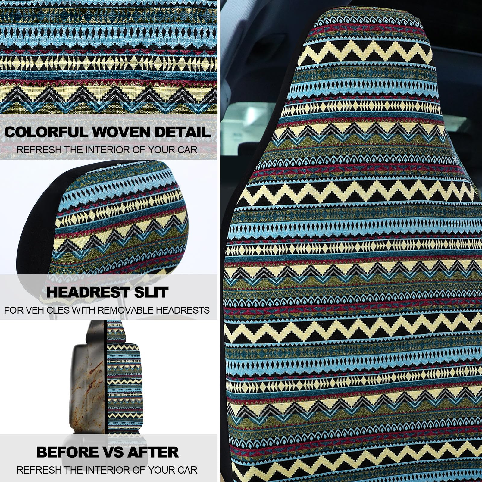 **Frienda Baja Full Set Car Seat Covers – Multicolor Stripe Boho Print, Steering Wheel Cover, Seat Belt Cover & Crystal Hanging Ornament – Universal Fit for Cars (Fresh Style) – Perfect for Road Trips, Daily Commutes & Car Interior Styling**