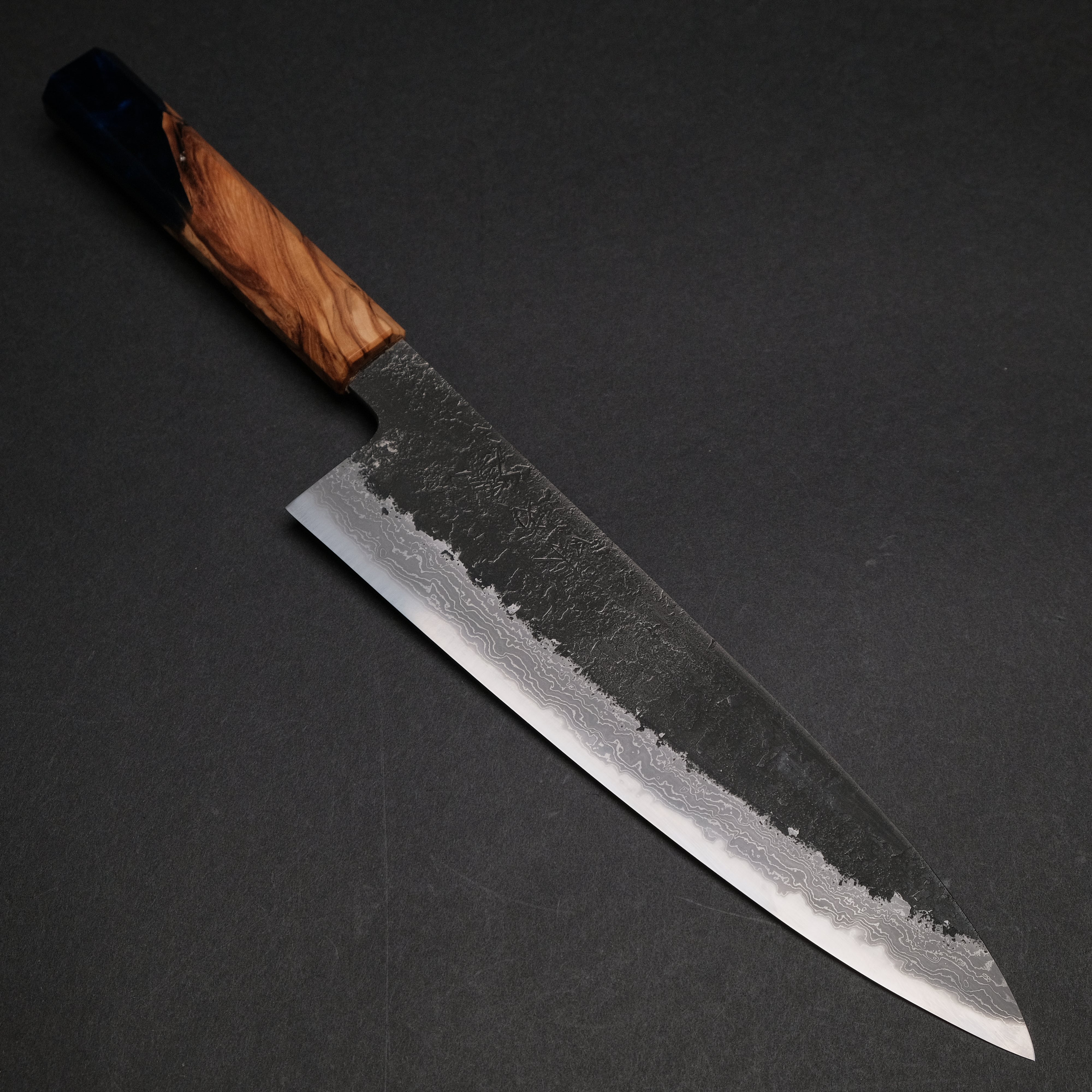 Premium Ajikataya White #2 Nashiji Damascus Gyuto 210mm Chef Knife - Olive Wood & Resin Handle (#46) - Perfect for Sushi, Meat Slicing & Professional Kitchen Use