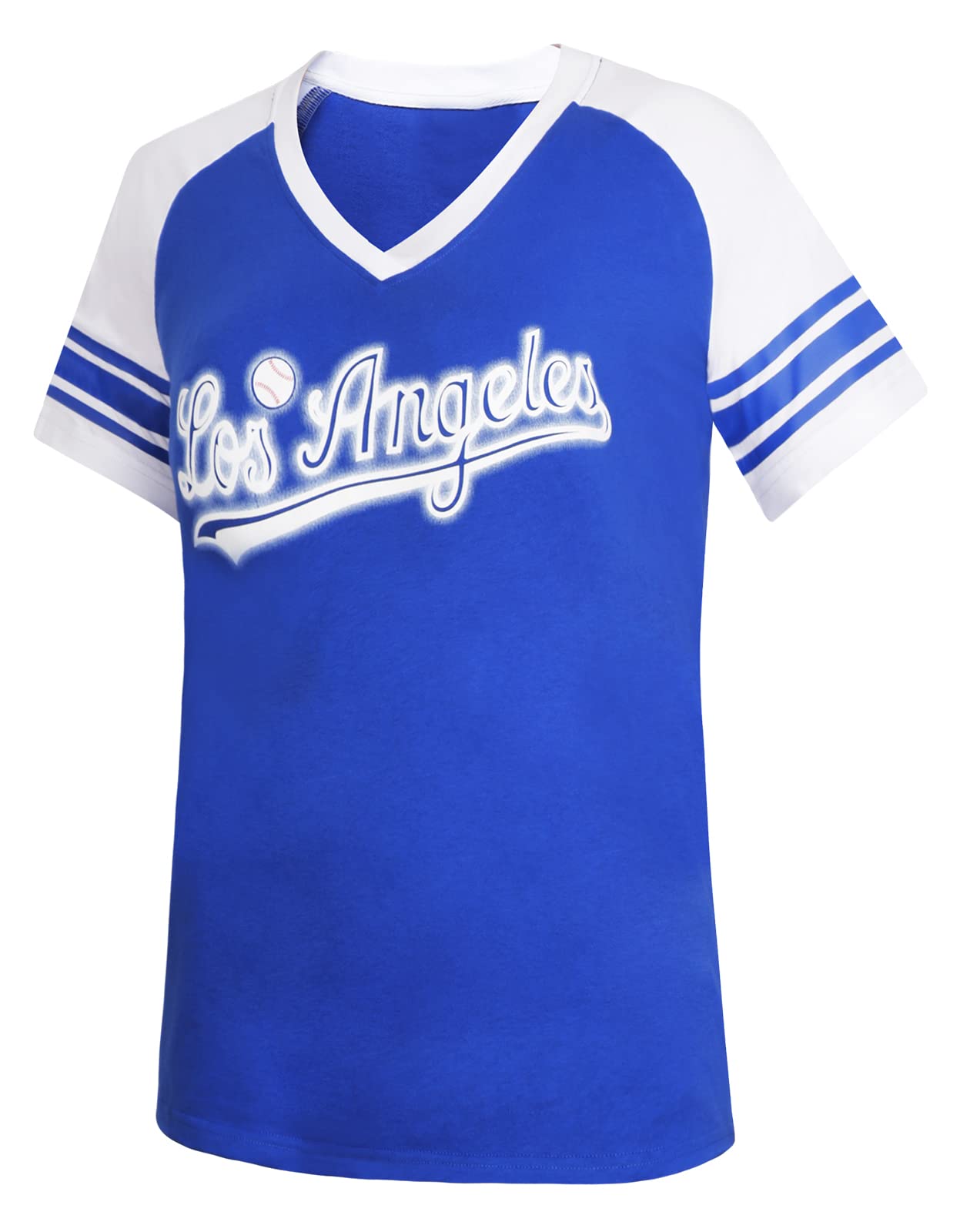 Women's Los Angeles City Baseball V-Neck Raglan Athletic T-Shirt - Blue & White - Casual Wear, Sports Fan Apparel, Gym & Street Fashion