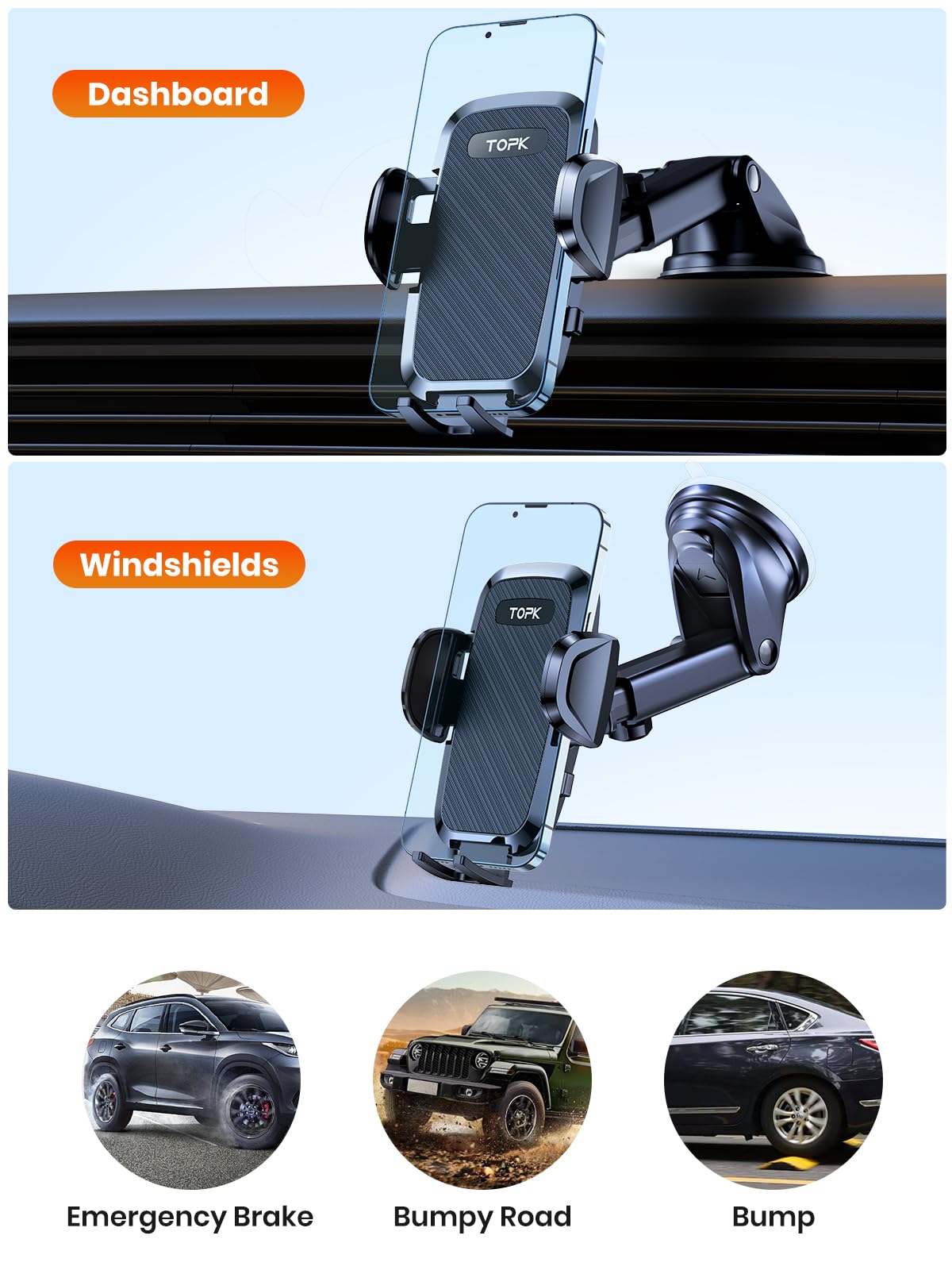TOPK 360° Adjustable Car Phone Mount - Strong Suction Cup Dashboard & Windshield Phone Holder for iPhone, Samsung, Pixel (4.7-6.8 Inch) - Perfect for GPS Navigation, Hands-Free Calling & Road Trips