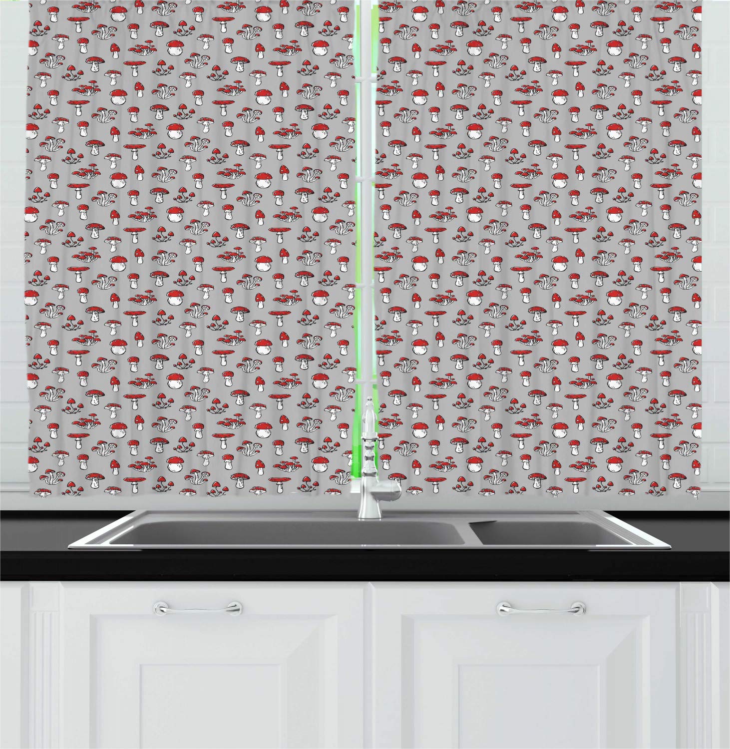 Ambesonne Mushroom Kitchen Curtains - 2 Panel Set with Amanita Fungus Print on Neutral Background, 55