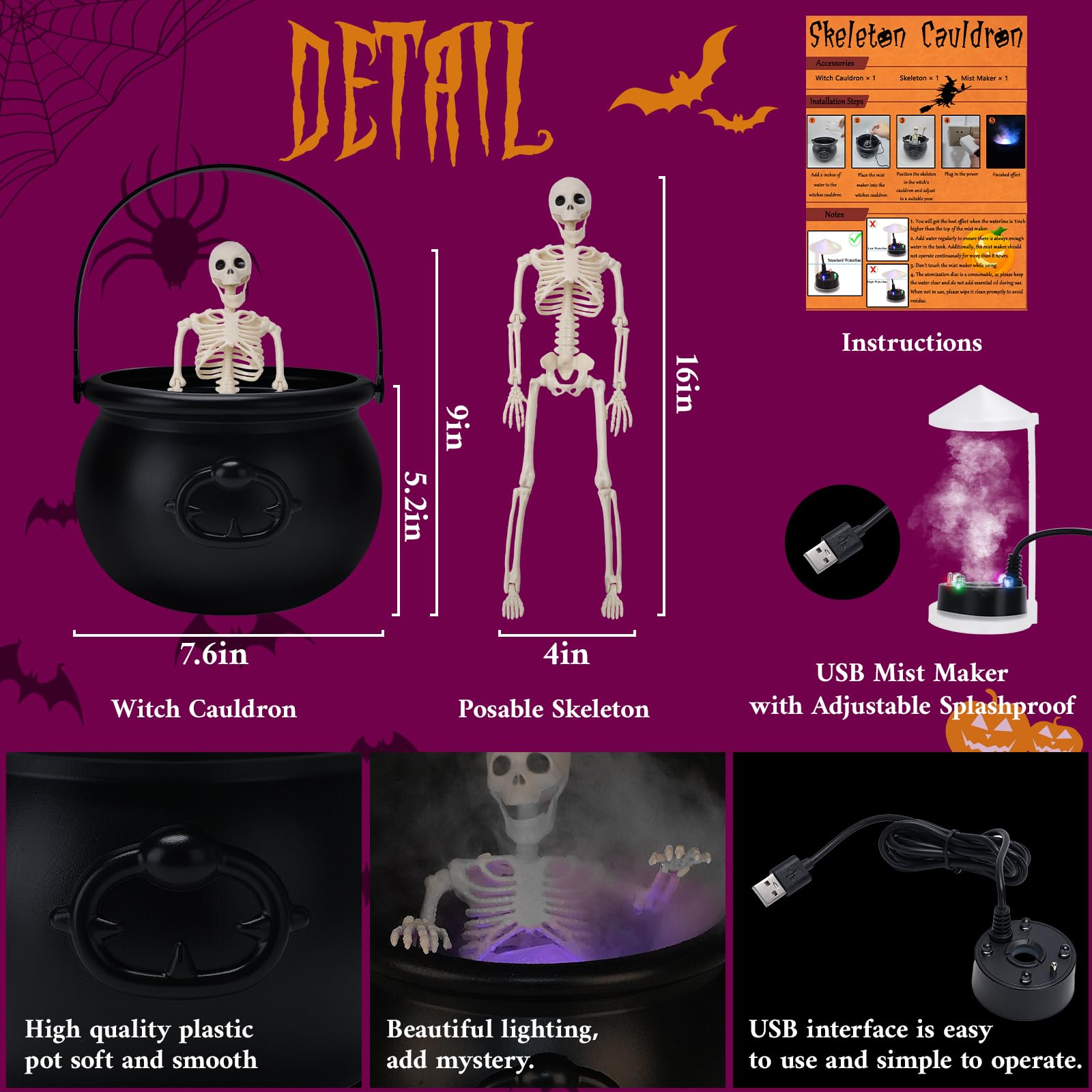 Large Black Plastic Witch Cauldron Diffuser - Halloween Decor with Smoke Effect for Outdoor & Indoor Party Decorations | Perfect for Spooky Halloween, Witch-Themed Parties & Haunted House Displays